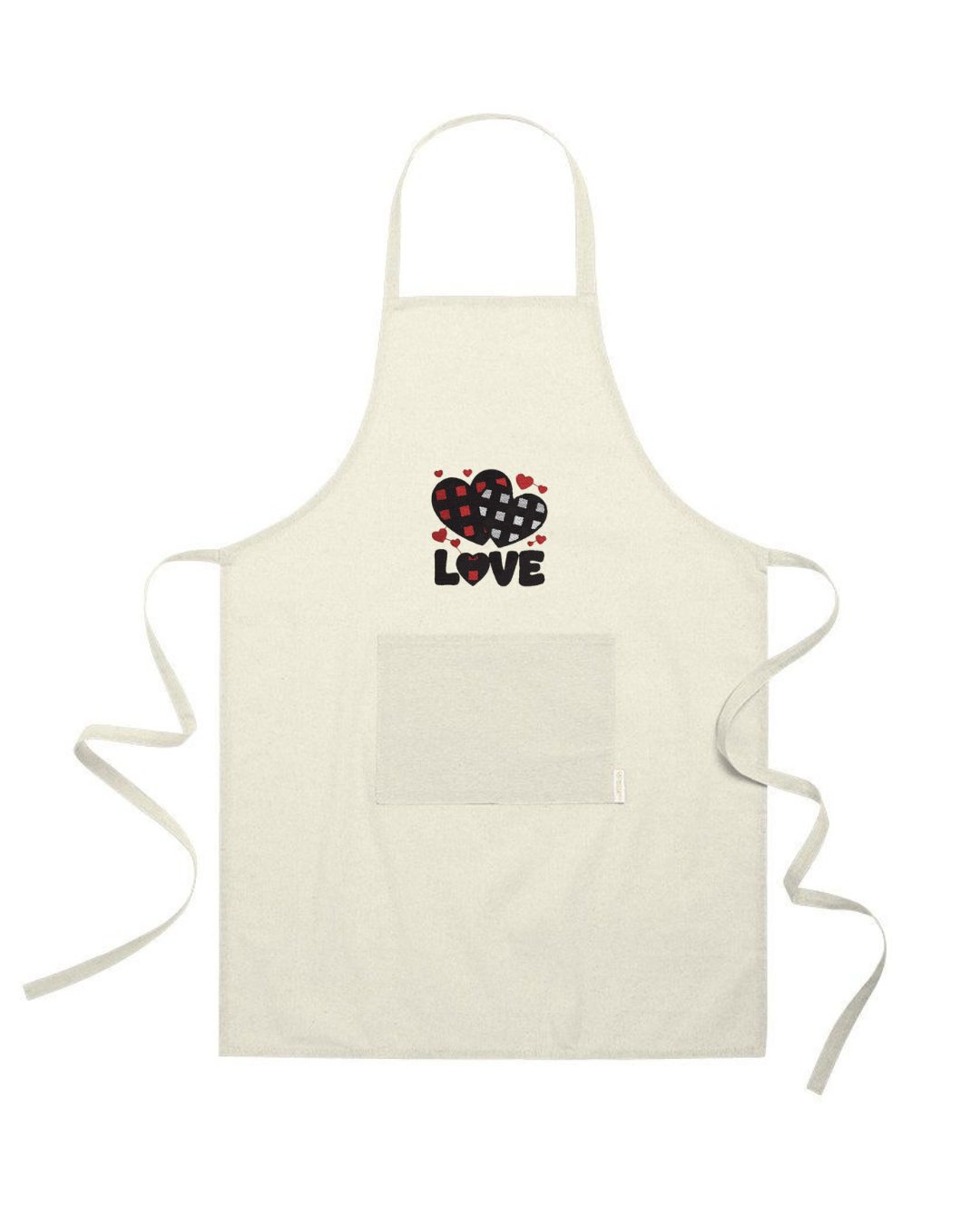 Grembiule in Cotone Riciclato – Sostenibile e Pratico – Cucina e Lavoro – Design Ricamato Scritta Love con Cuori a scacchi