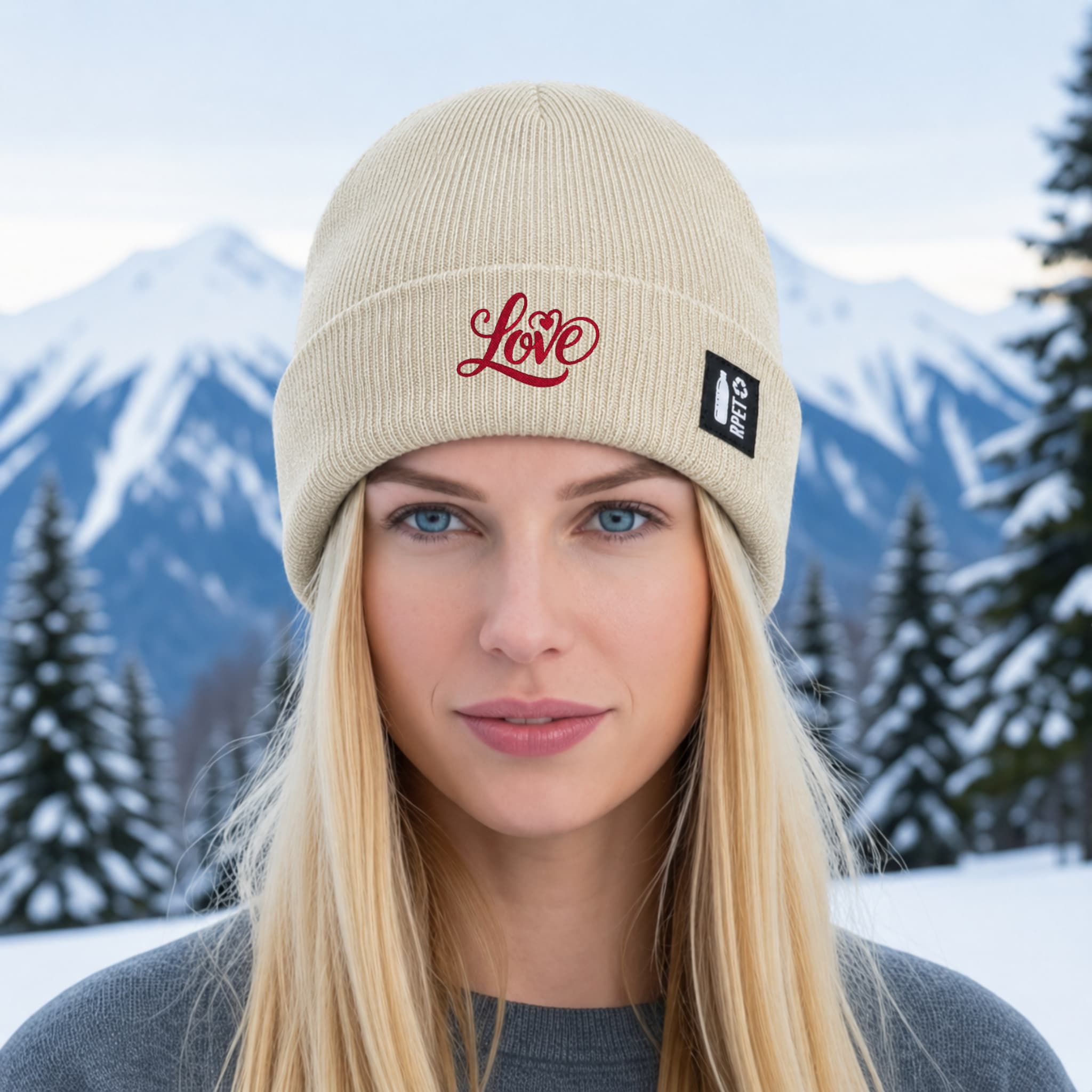 Recycled RPET Knit Hat – Soft and Warm – Naturaleine Sustainable Line – Embroidered Love Design