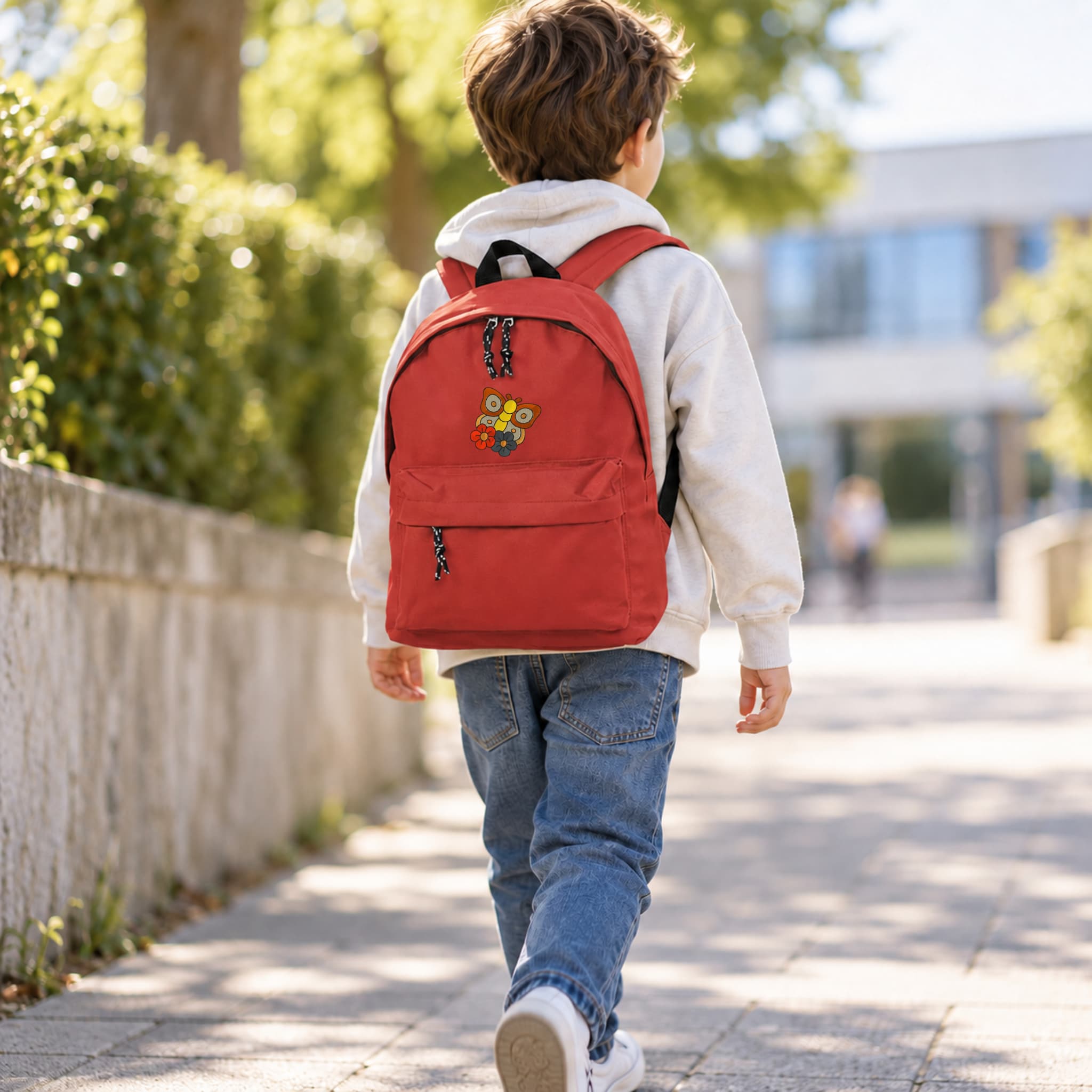 Mochila Infantil de Poliéster 600D 28x38x12 cm – Espalda Acolchada y Correas Ajustables – Diseño Bordado Mariposa con Flores