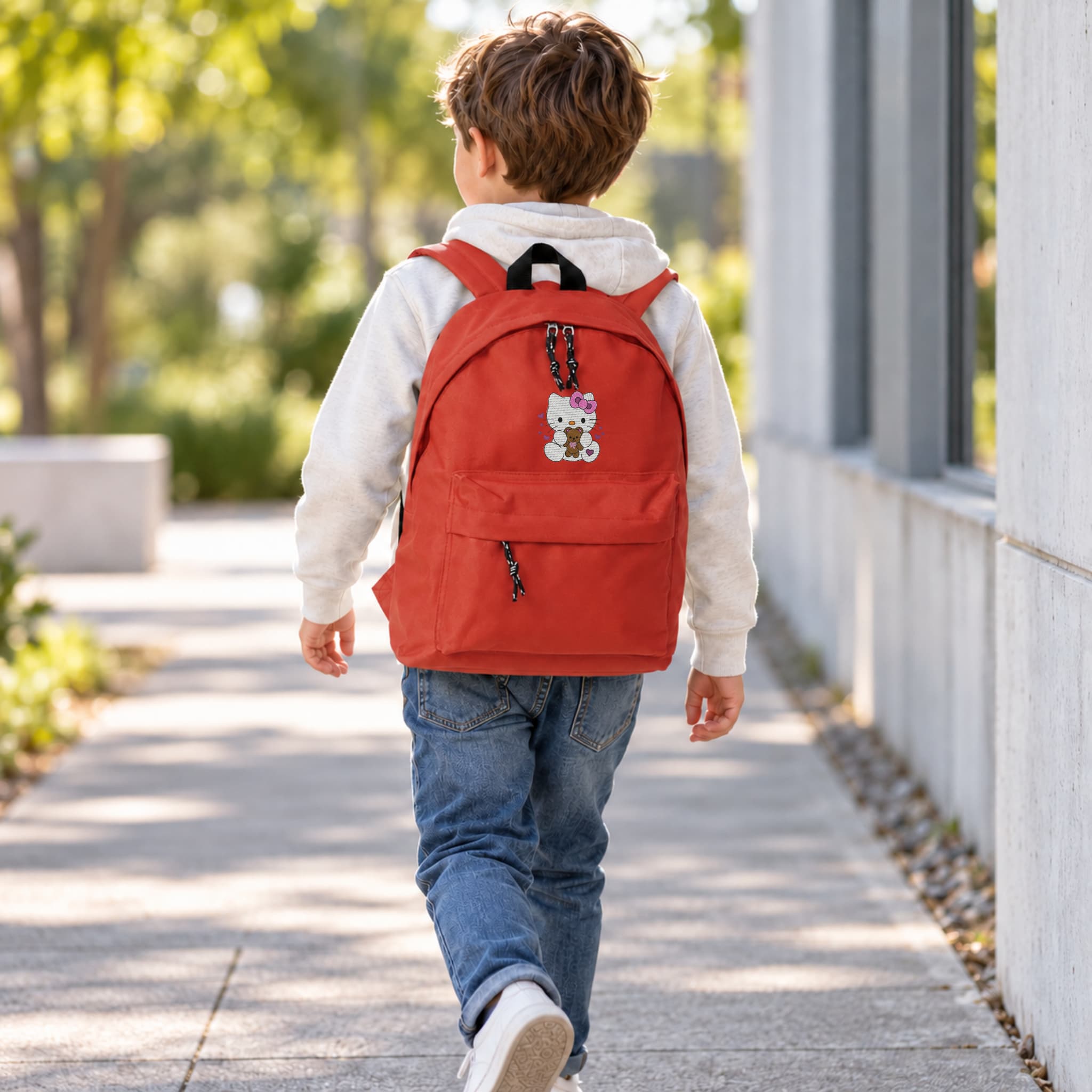 Mochila Infantil de Poliéster 600D 28x38x12 cm – Espalda Acolchada y Correas Ajustables - Diseño Bordado Hello Kitty
