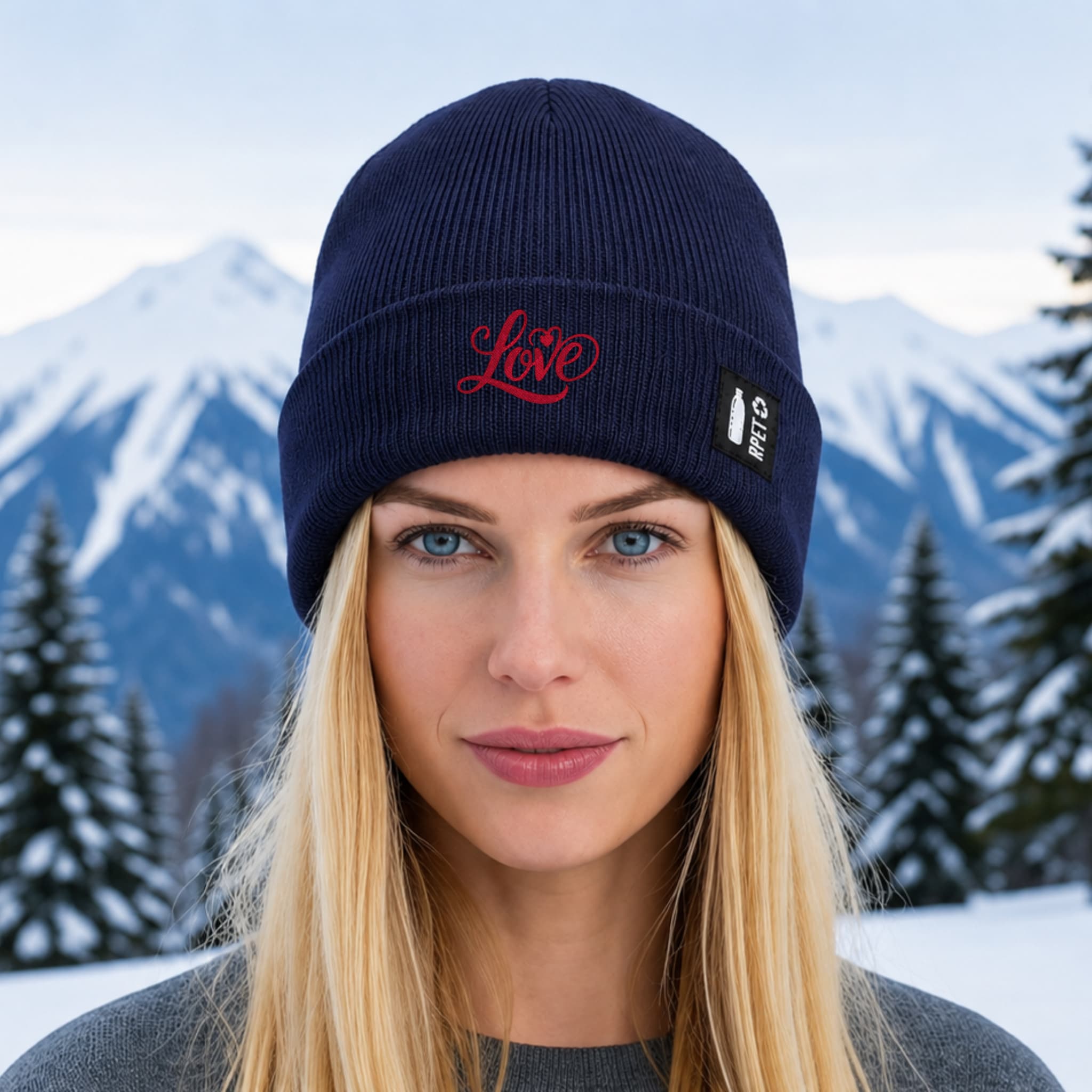 Recycled RPET Knit Hat – Soft and Warm – Naturaleine Sustainable Line – Embroidered Love Design