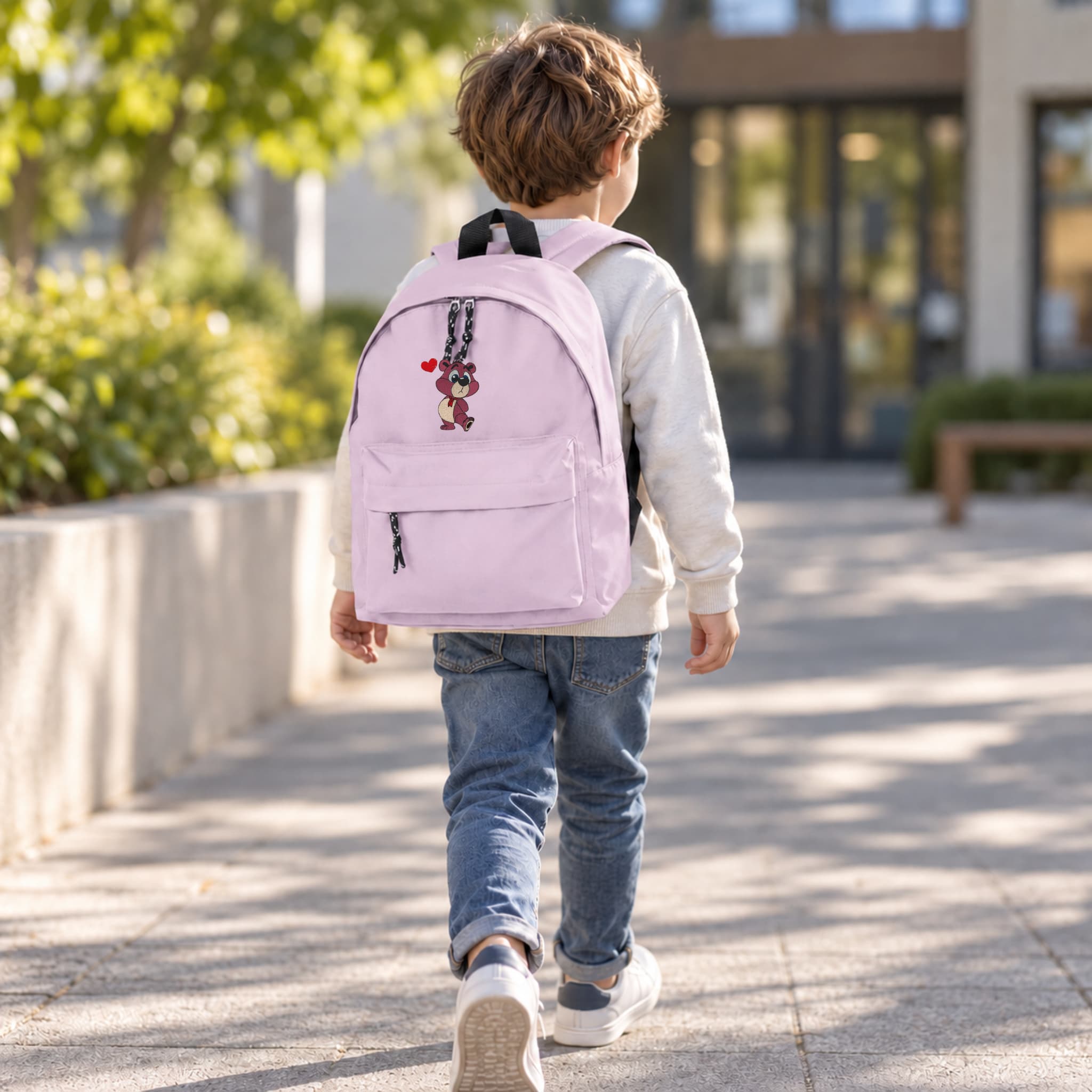 Mochila Infantil de Poliéster 600D 28x38x12 cm – Respaldo Acolchado y Tirantes Ajustables - Diseño Bordado de Osito con Corazón