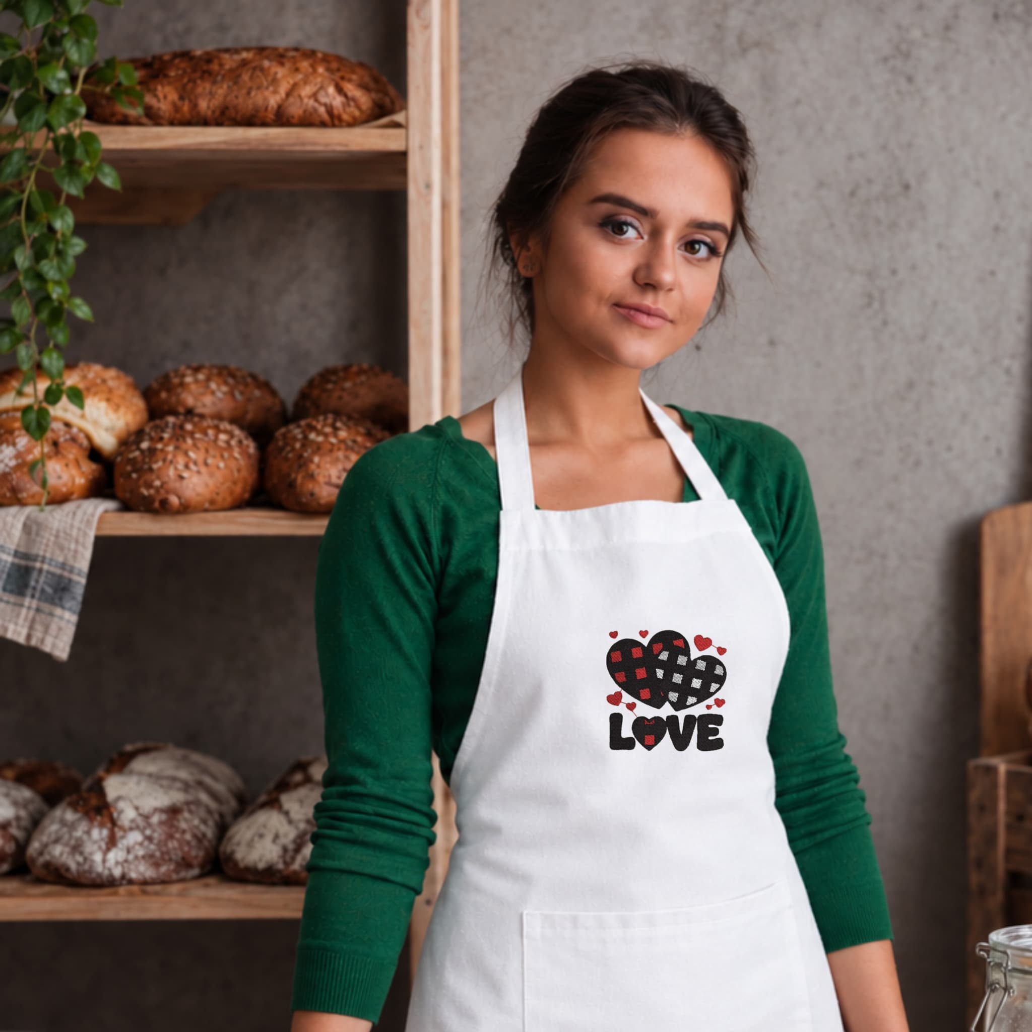 Recycled Cotton Apron – Sustainable and Practical – Cooking and Work – Embroidered Design with Love Writing and Checkered Hearts