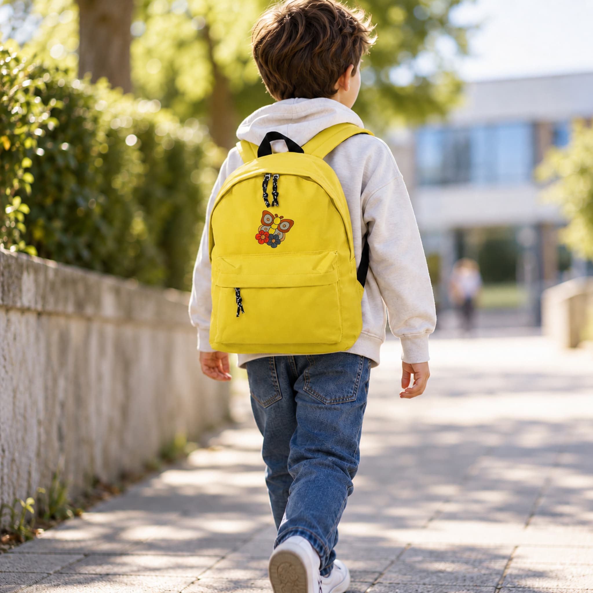 Mochila Infantil de Poliéster 600D 28x38x12 cm – Espalda Acolchada y Correas Ajustables – Diseño Bordado Mariposa con Flores