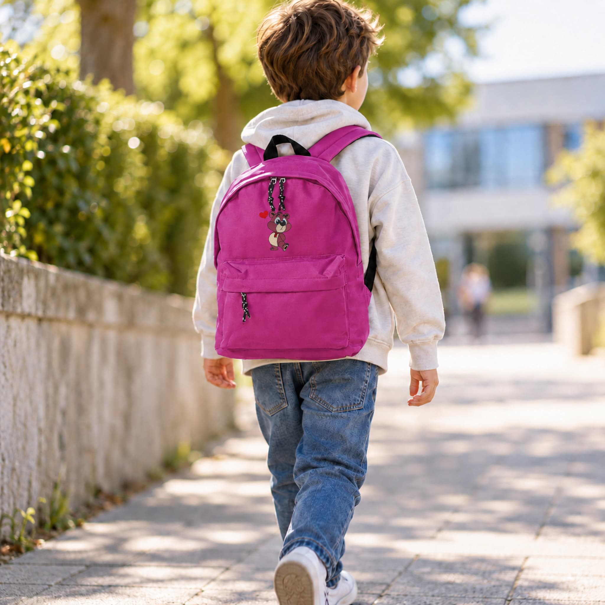 Mochila Infantil de Poliéster 600D 28x38x12 cm – Respaldo Acolchado y Tirantes Ajustables - Diseño Bordado de Osito con Corazón