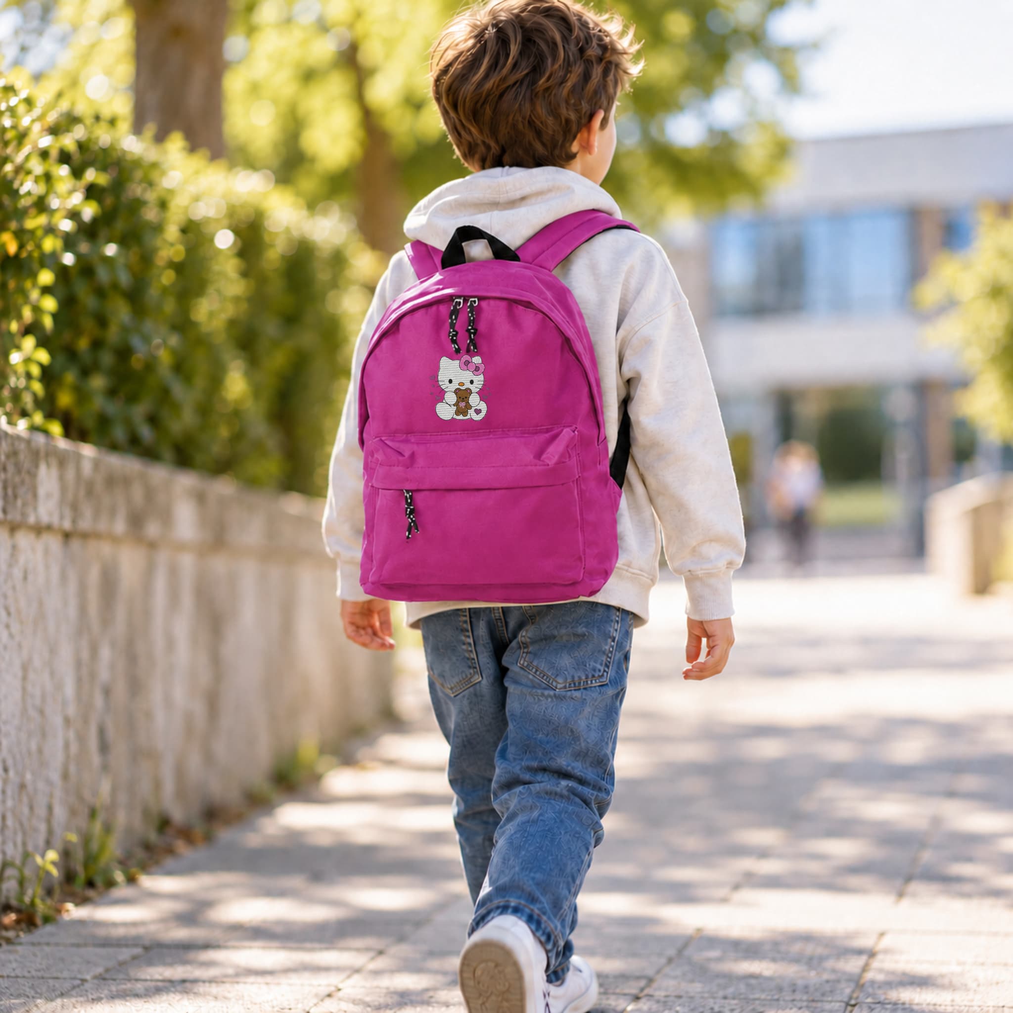 Mochila Infantil de Poliéster 600D 28x38x12 cm – Espalda Acolchada y Correas Ajustables - Diseño Bordado Hello Kitty