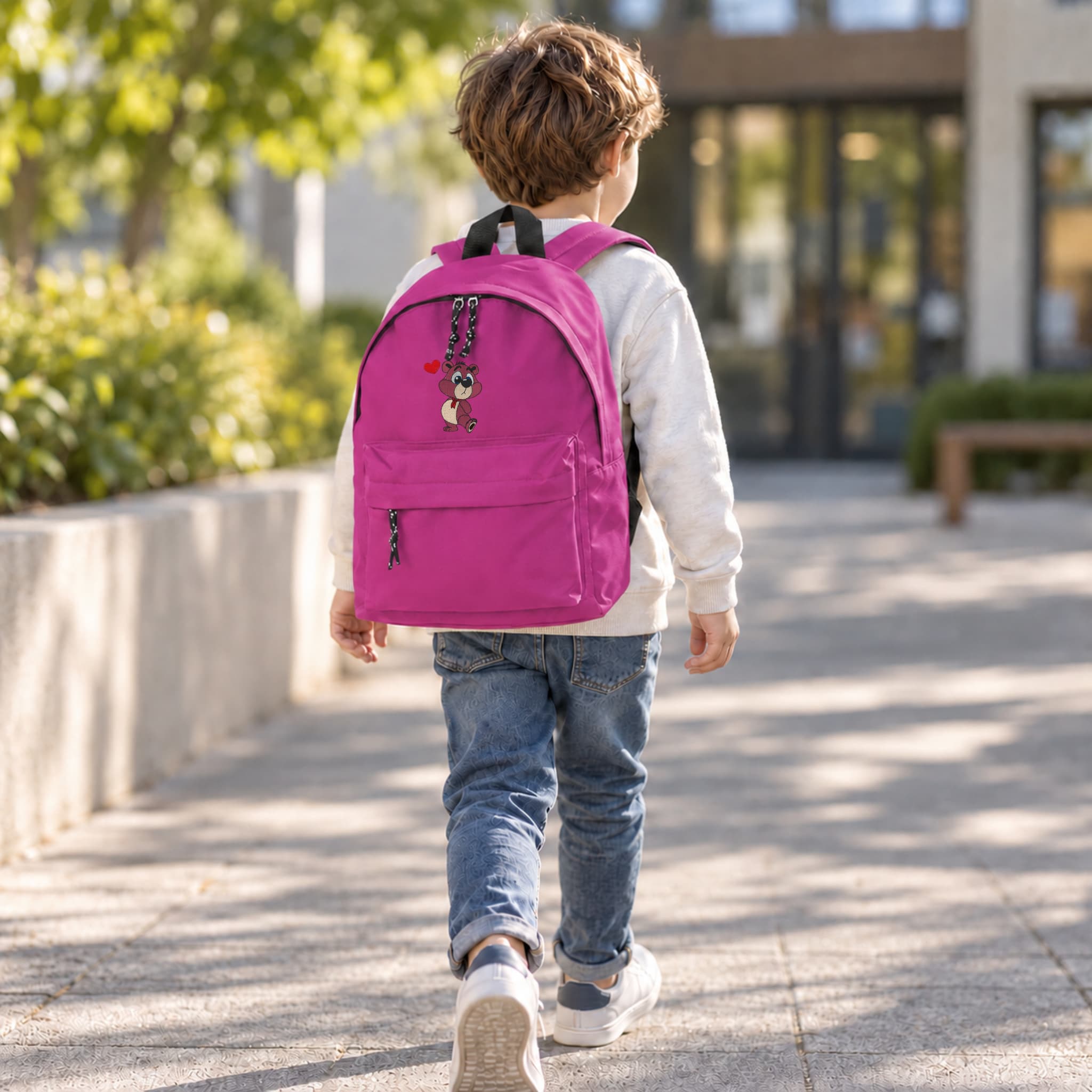 Mochila Infantil de Poliéster 600D 28x38x12 cm – Respaldo Acolchado y Tirantes Ajustables - Diseño Bordado de Osito con Corazón