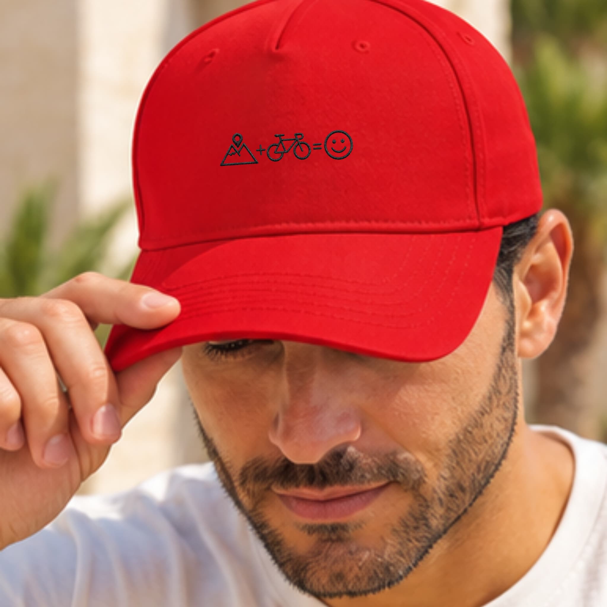 Cappellino Ricamato Unisex Da Baseball Regolabile – Design Montagna + Bici = Faccia Felice