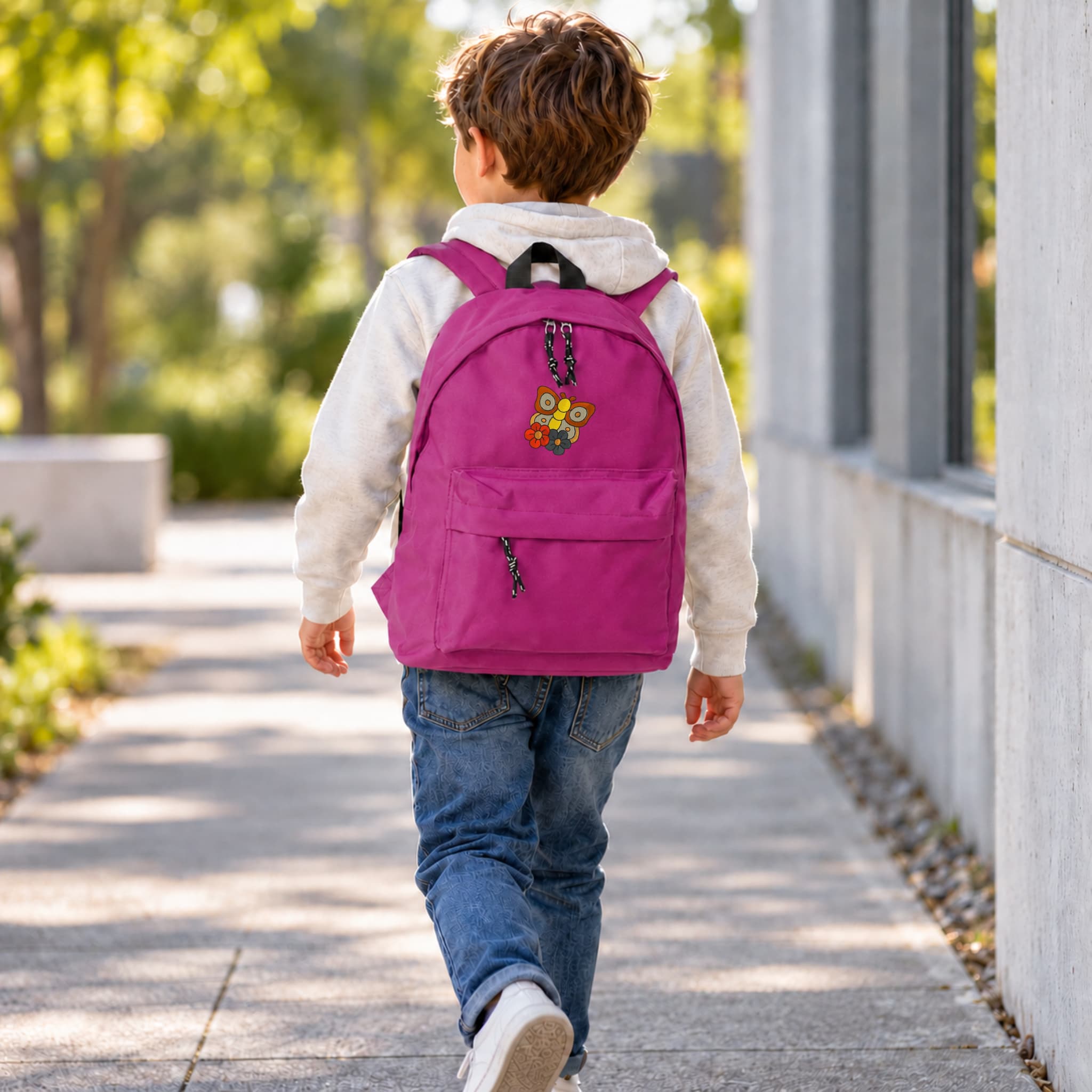 Mochila Infantil de Poliéster 600D 28x38x12 cm – Espalda Acolchada y Correas Ajustables – Diseño Bordado Mariposa con Flores