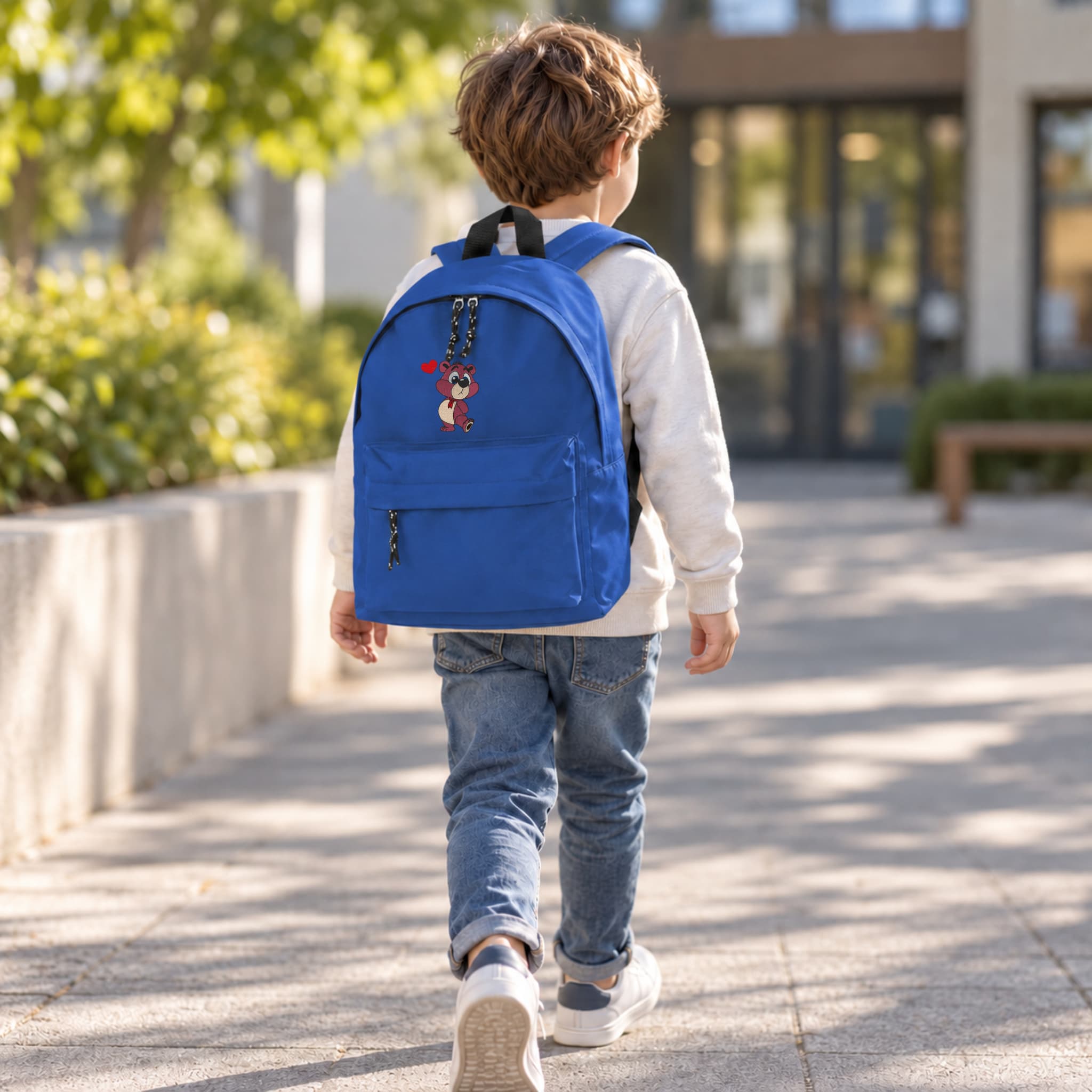 Mochila Infantil de Poliéster 600D 28x38x12 cm – Respaldo Acolchado y Tirantes Ajustables - Diseño Bordado de Osito con Corazón