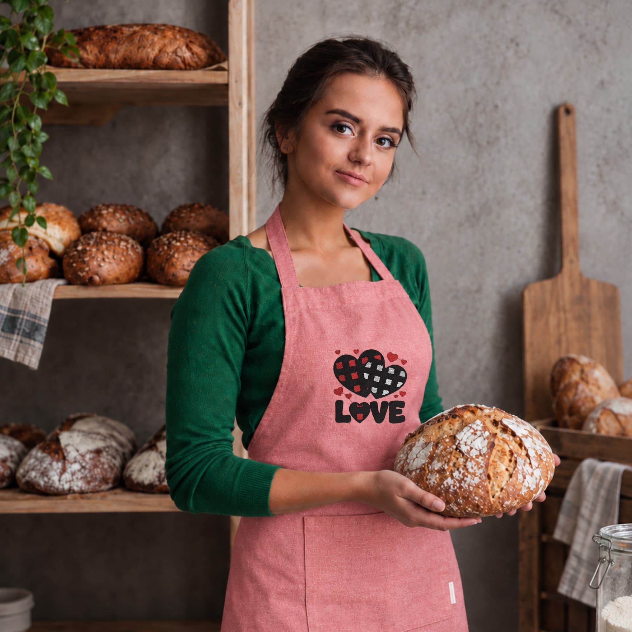 Recycled Cotton Apron – Sustainable and Practical – Cooking and Work – Embroidered Design with Love Writing and Checkered Hearts