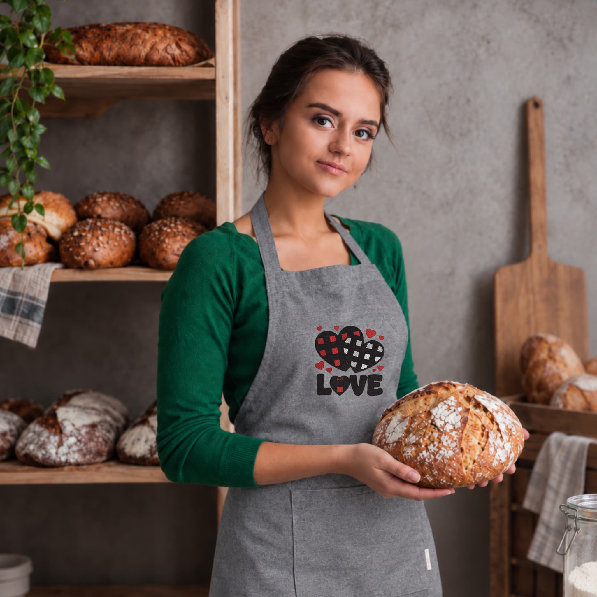 Recycled Cotton Apron – Sustainable and Practical – Cooking and Work – Embroidered Design with Love Writing and Checkered Hearts