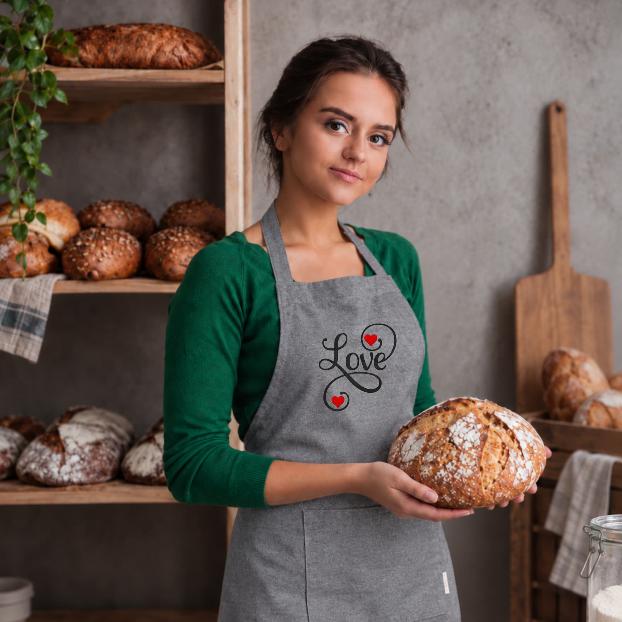 Grembiule in Cotone Riciclato o Poliestere e Cotone – Sostenibile e Pratico – Cucina e Lavoro – Design Ricamato Scritta Love con Cuori