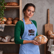 Recycled Cotton Apron – Sustainable and Practical – Cooking and Work – Embroidered Design with Love Writing and Checkered Hearts
