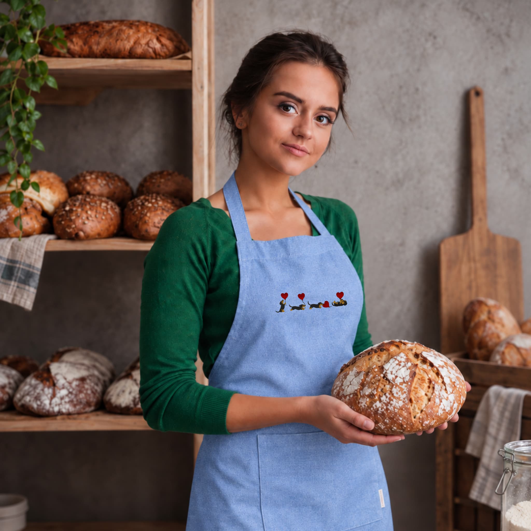 Grembiule in Cotone Riciclato o Poliestere e Cotone – Sostenibile e Pratico – Cucina e Lavoro – Design Ricamato Bassotti Palloncini cuore