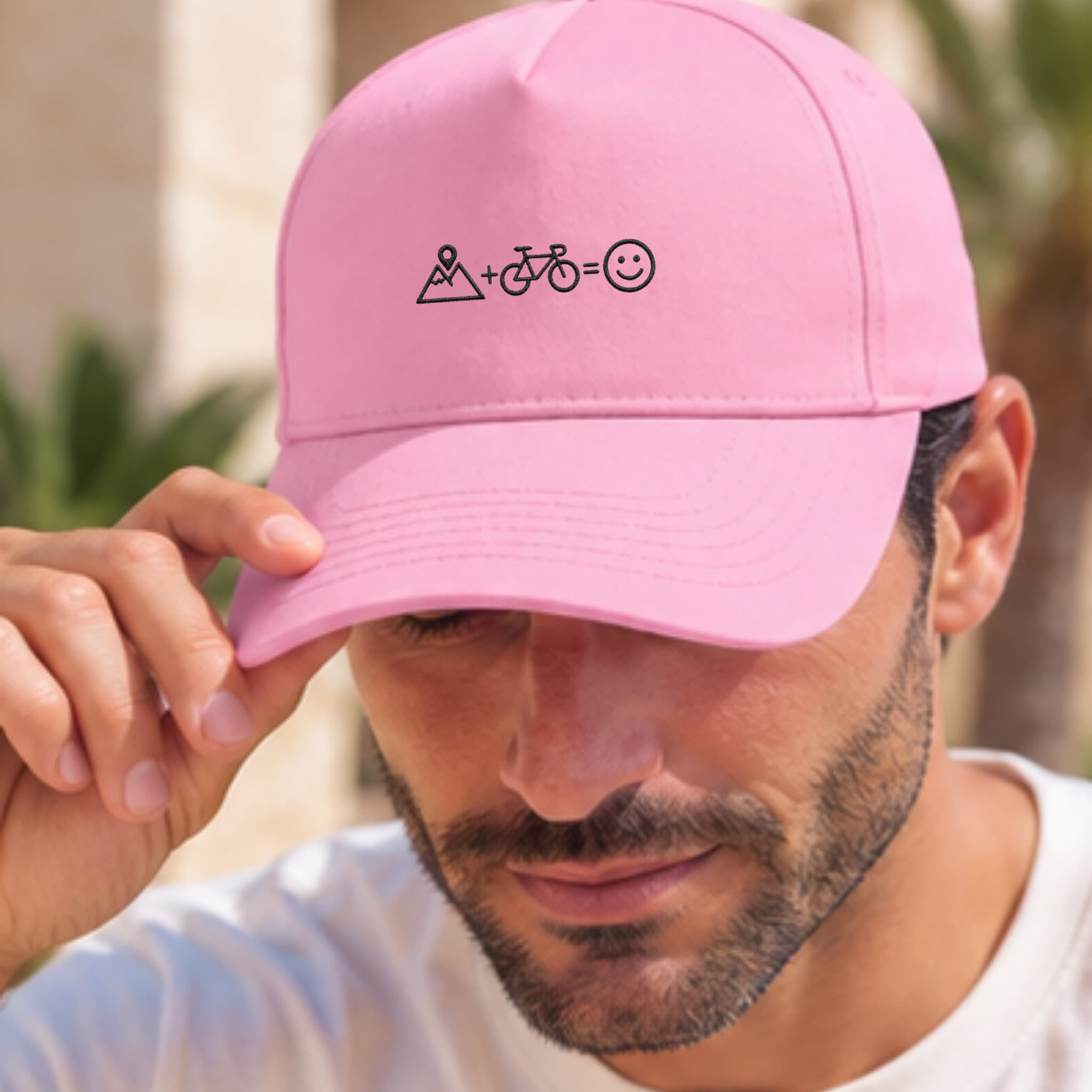 Cappellino Ricamato Unisex Da Baseball Regolabile – Design Montagna + Bici = Faccia Felice