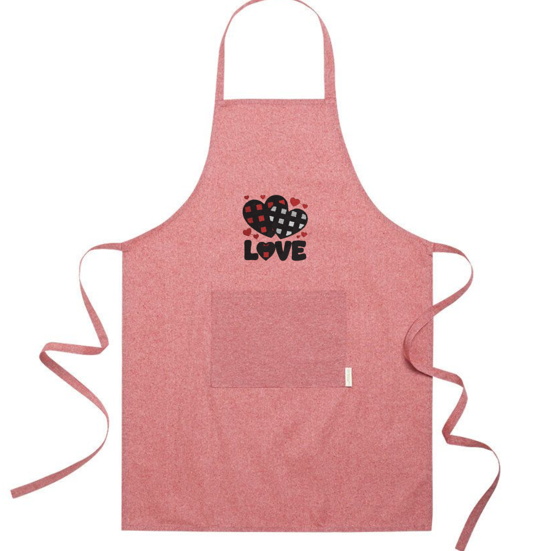 Grembiule in Cotone Riciclato – Sostenibile e Pratico – Cucina e Lavoro – Design Ricamato Scritta Love con Cuori a scacchi