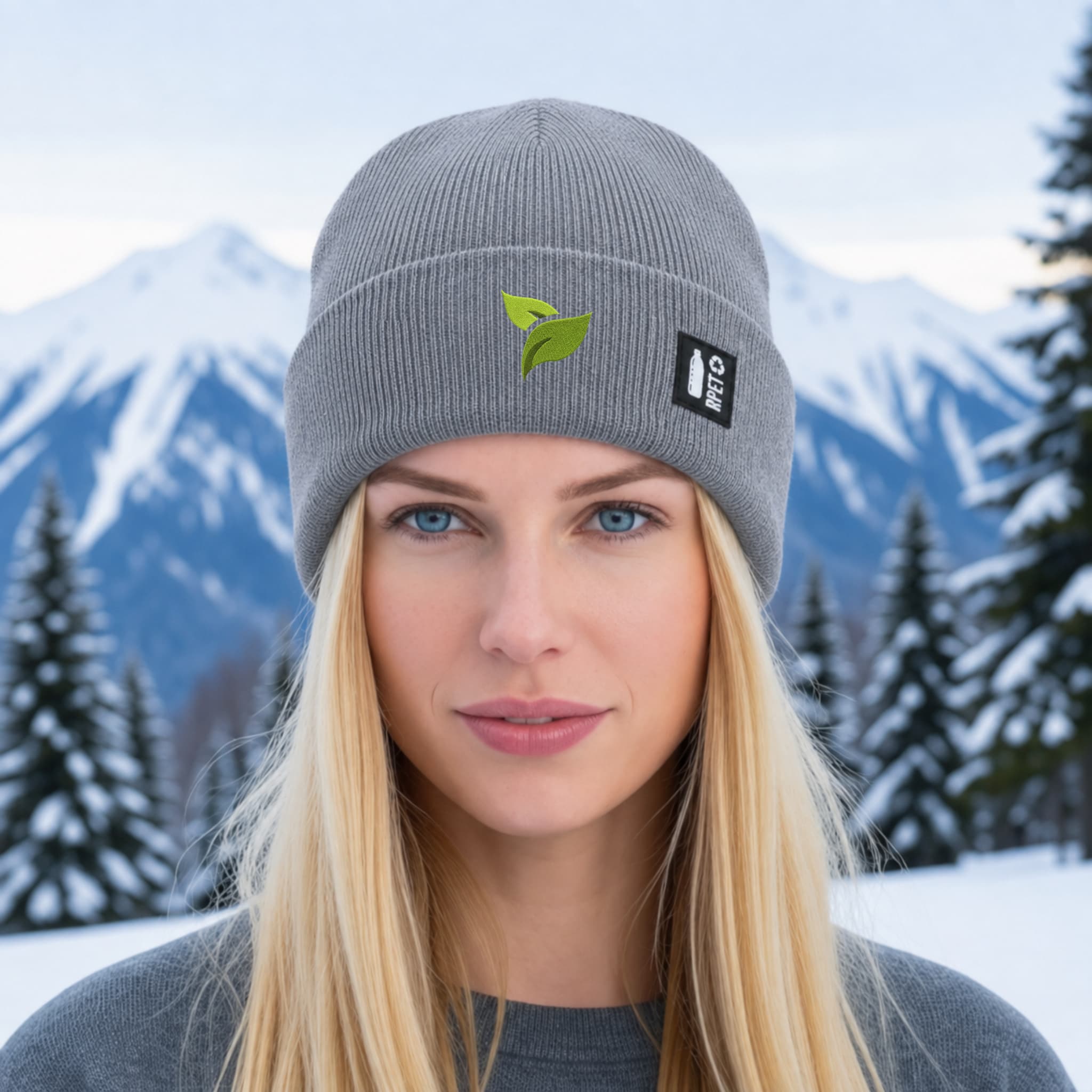 Recycled RPET Knit Hat – Soft and Warm – Naturaleine Sustainable Line – Embroidered Leaf Design