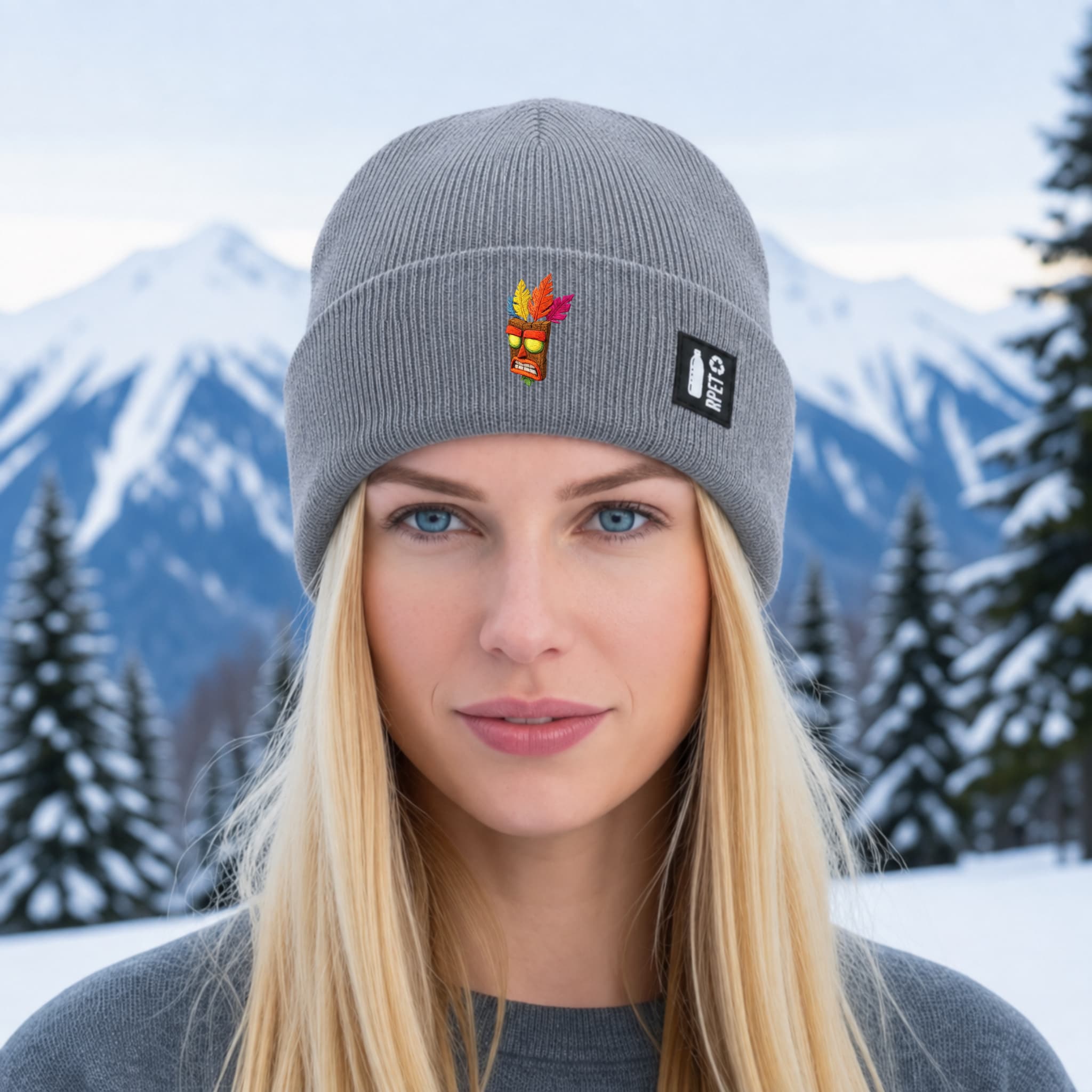 Recycled RPET Knit Hat – Soft and Warm – Naturaleine Sustainable Line – Aku Aku Embroidered Design