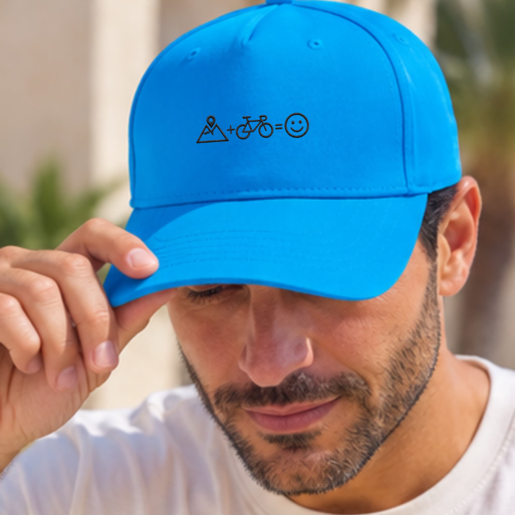 Cappellino Ricamato Unisex Da Baseball Regolabile – Design Montagna + Bici = Faccia Felice