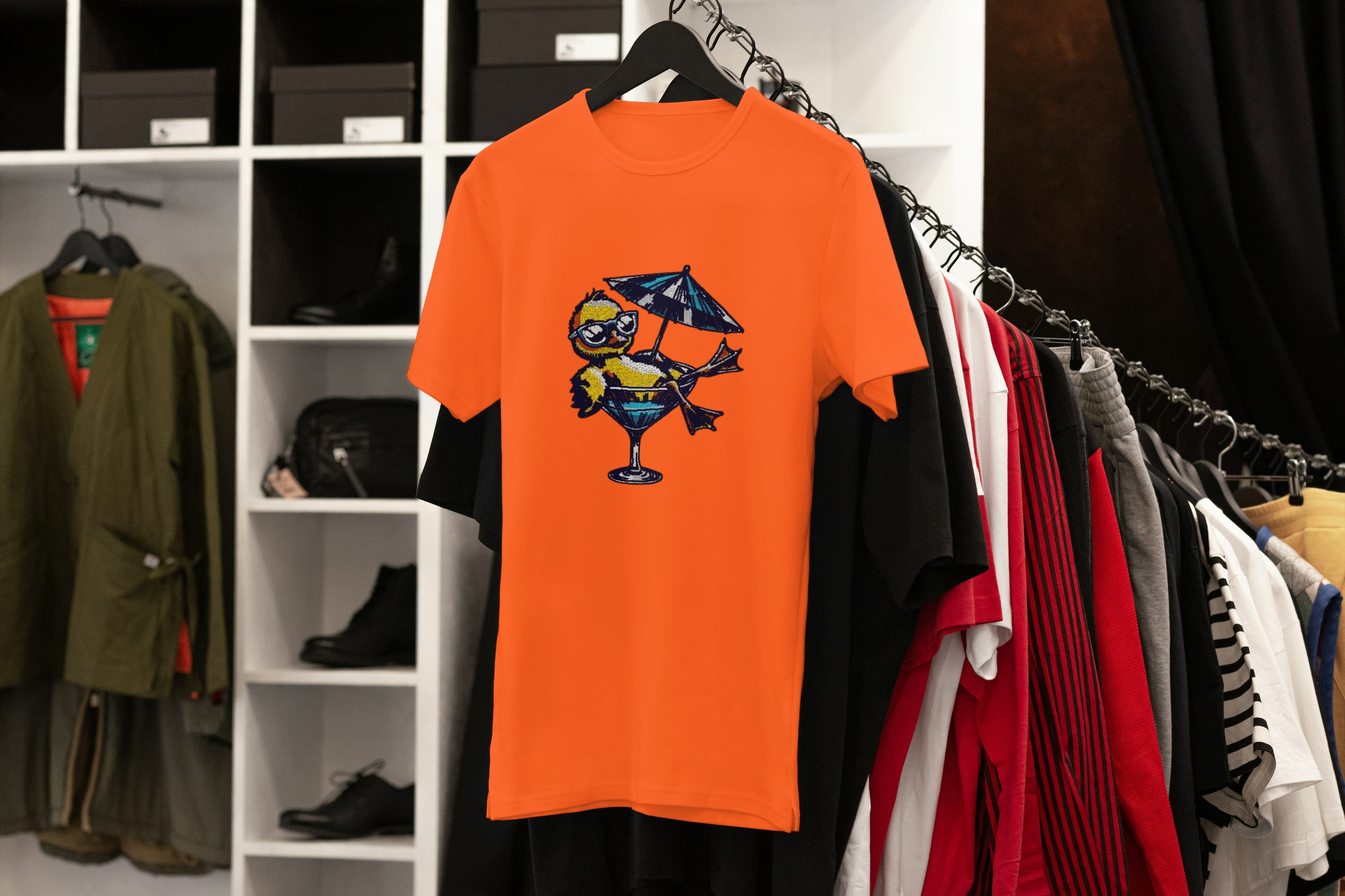 Unisex Embroidered T-Shirt 100% Cotton – Comfortable – Duck in Cocktail Design