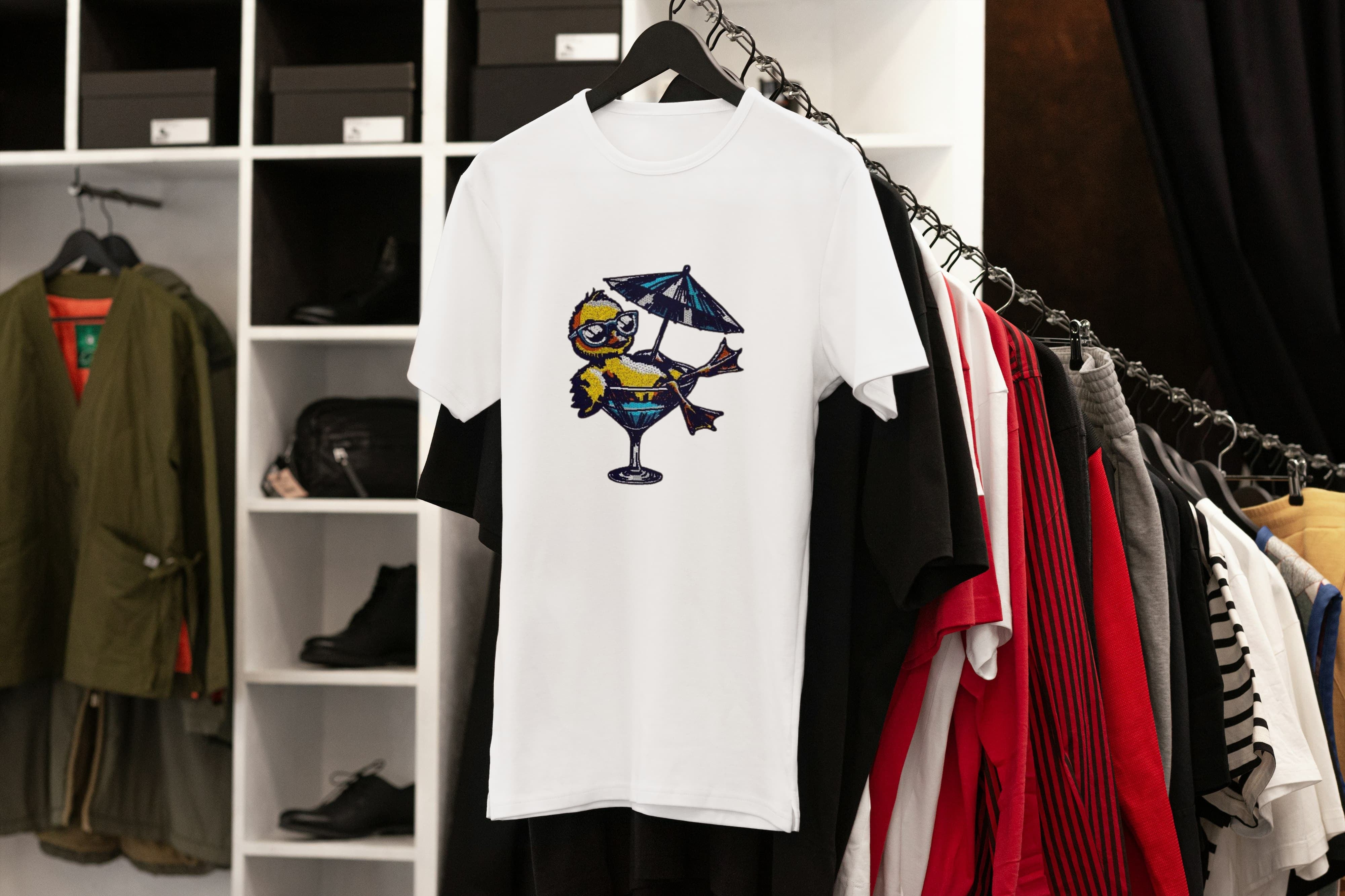 Unisex Embroidered T-Shirt 100% Cotton – Comfortable – Duck in Cocktail Design