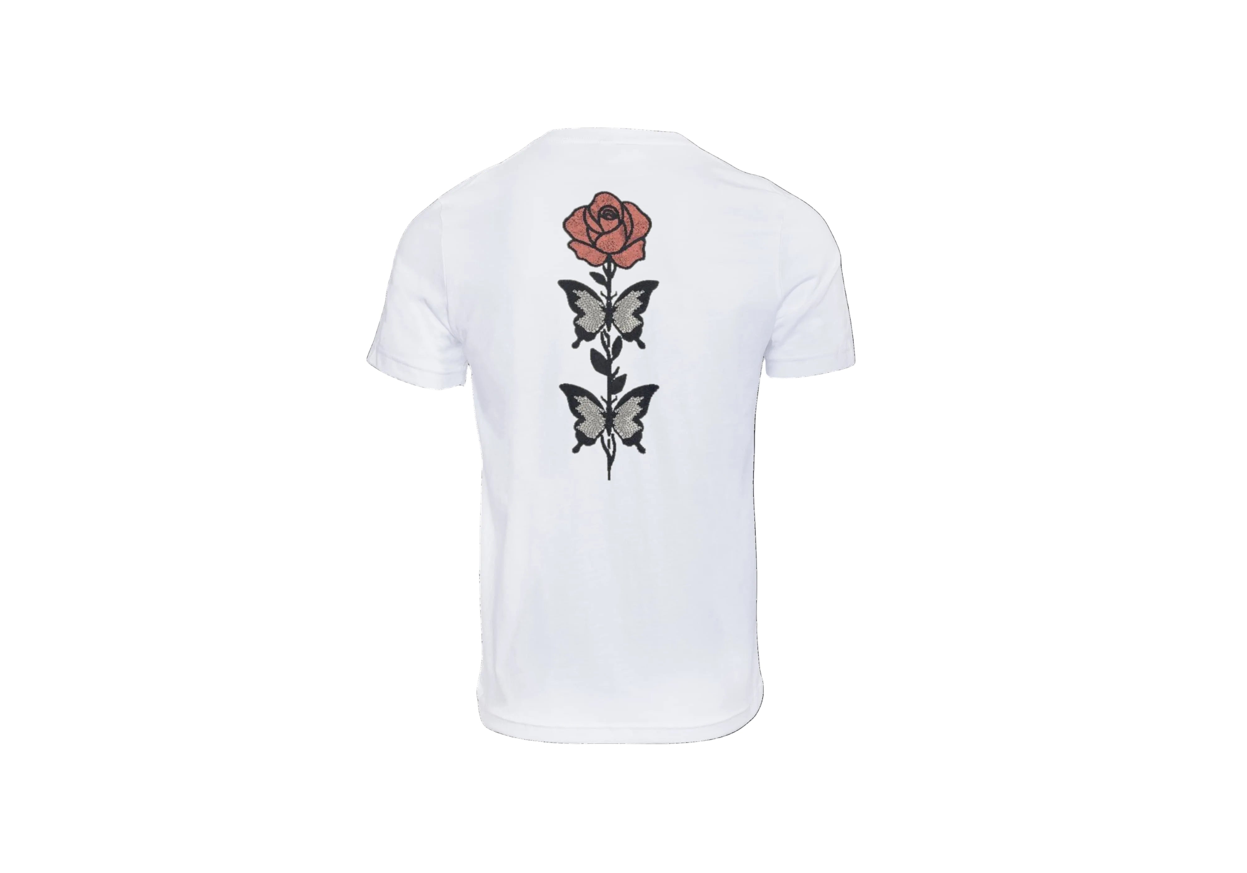 T-Shirt Unisex Ricamata sulla schiena 100% Cotone – Confortevole – Design rosa con foglie a farfalle