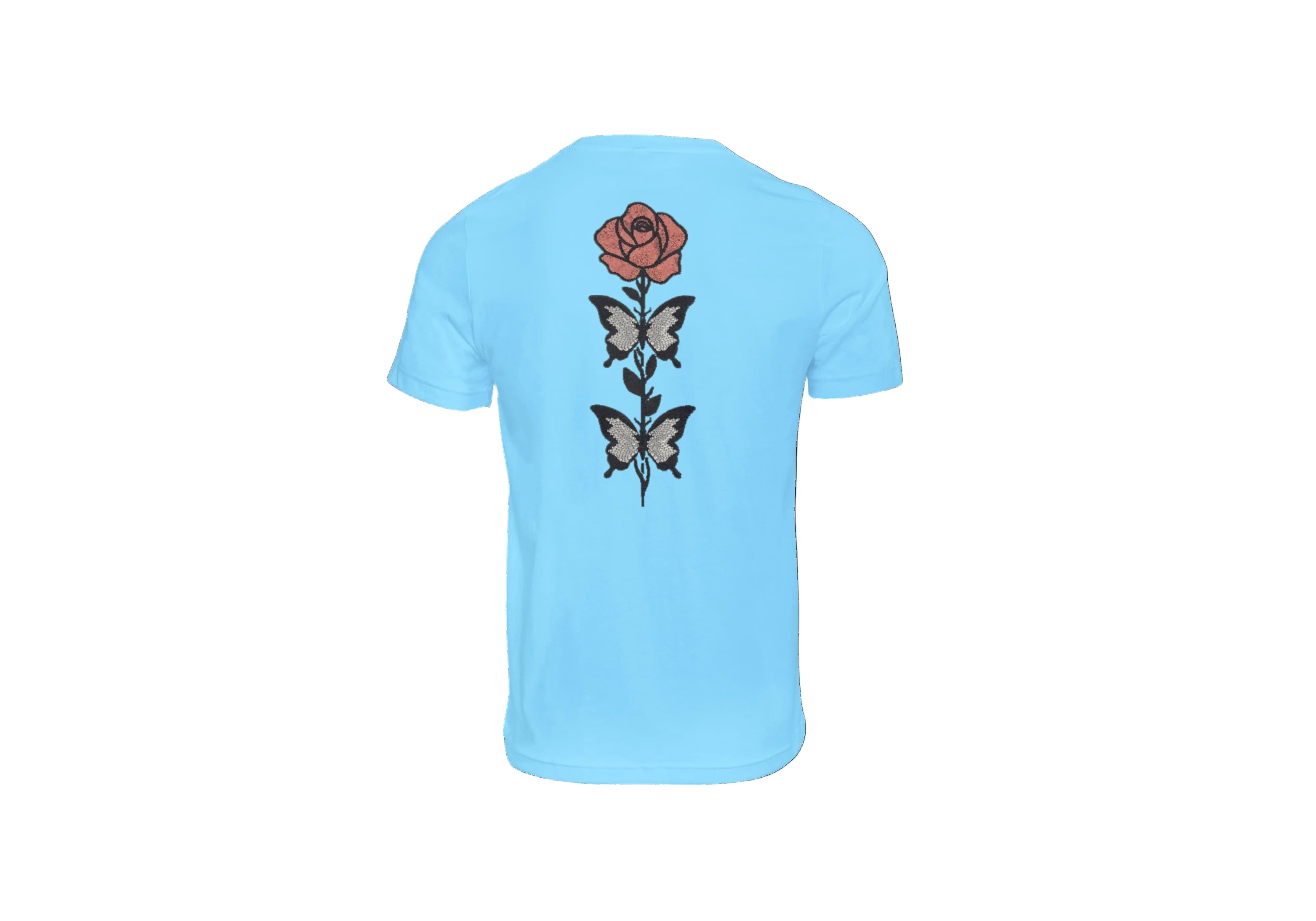 T-Shirt Unisex Ricamata sulla schiena 100% Cotone – Confortevole – Design rosa con foglie a farfalle