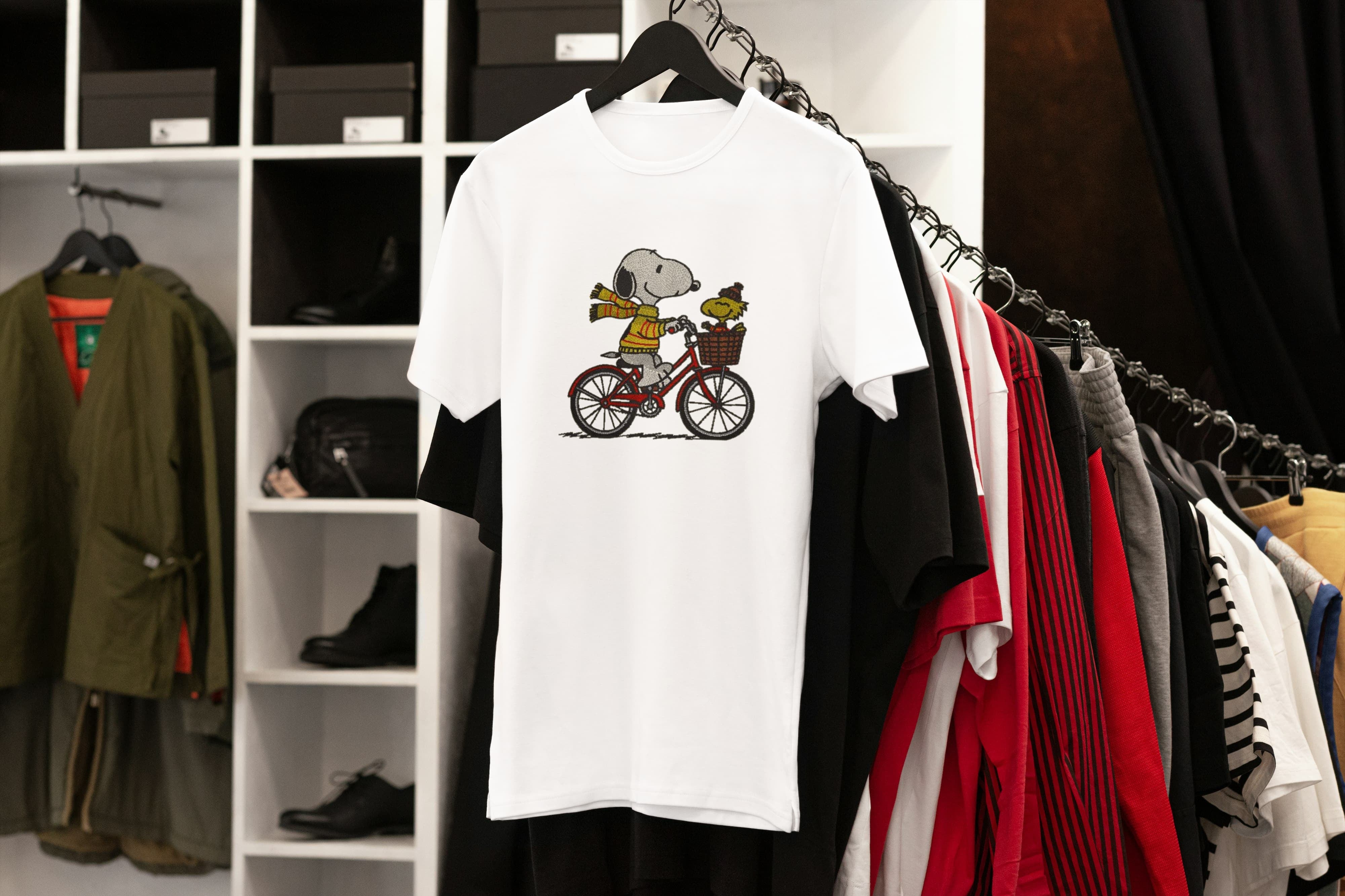 Unisex Embroidered T-Shirt 100% Cotton – Comfortable – Snoopy on Bike Design