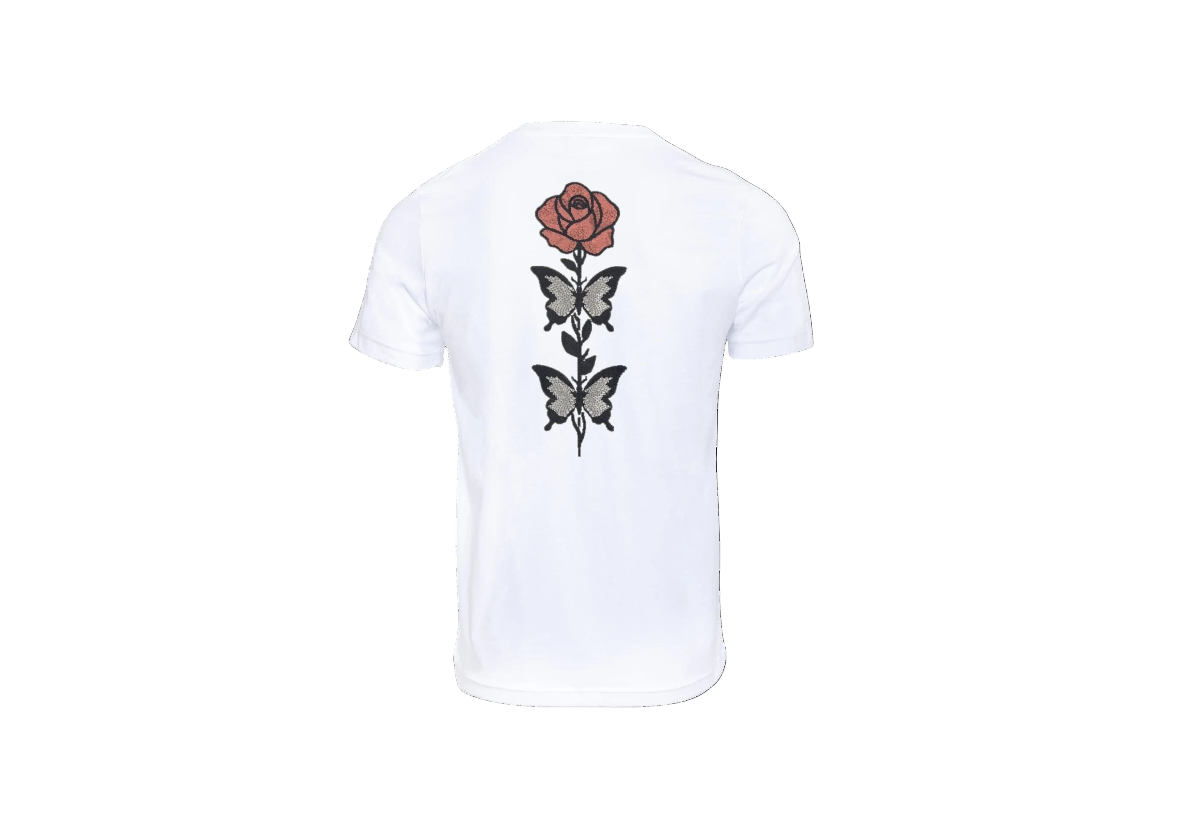 T-Shirt Unisex Ricamata sulla schiena 100% Cotone – Confortevole – Design rosa con foglie a farfalle