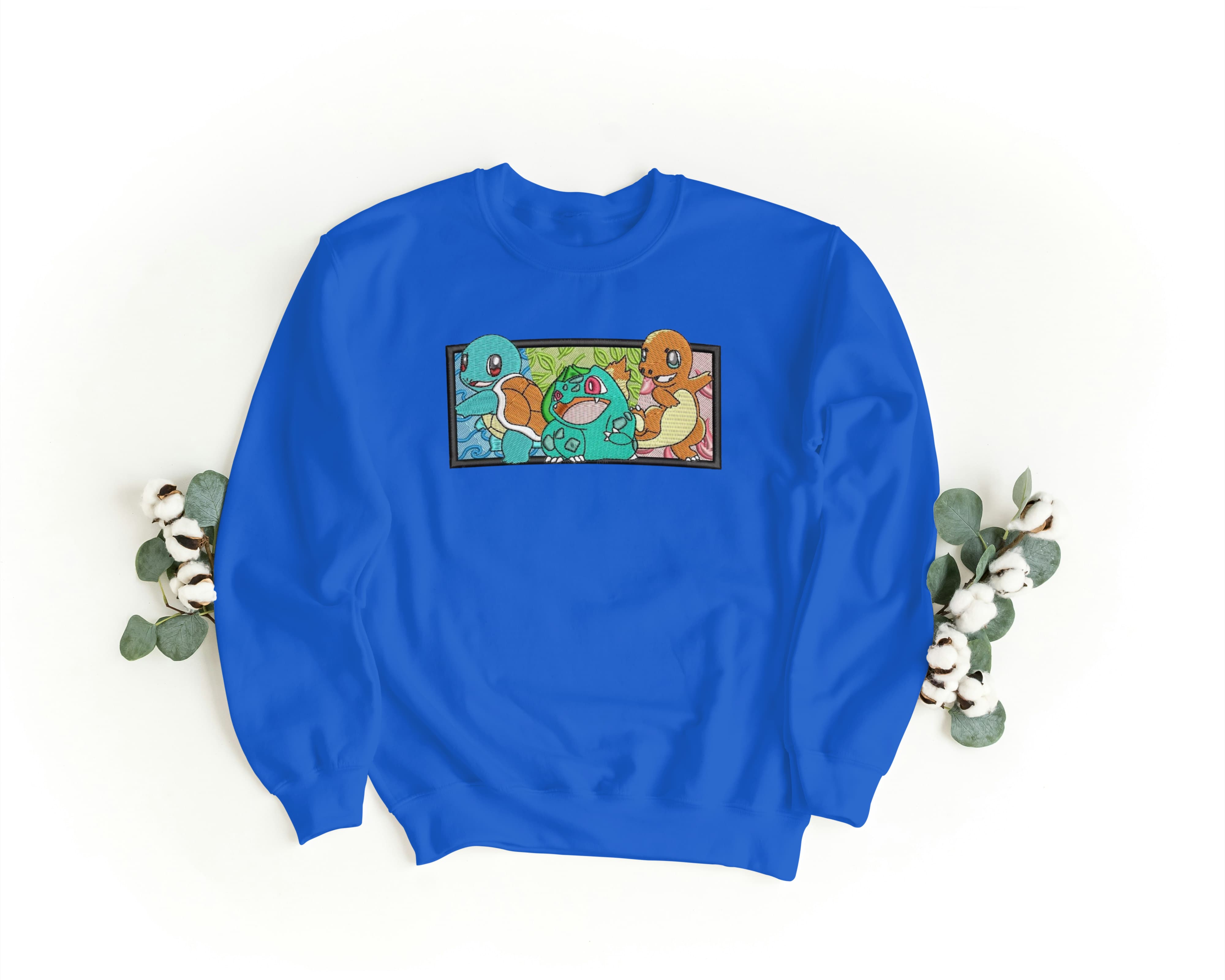 Felpa Ricamata Unisex – Morbida con Cappuccio e Tasca Frontale – Stile Streetwear – Bulbasaur Charmander Squirtle