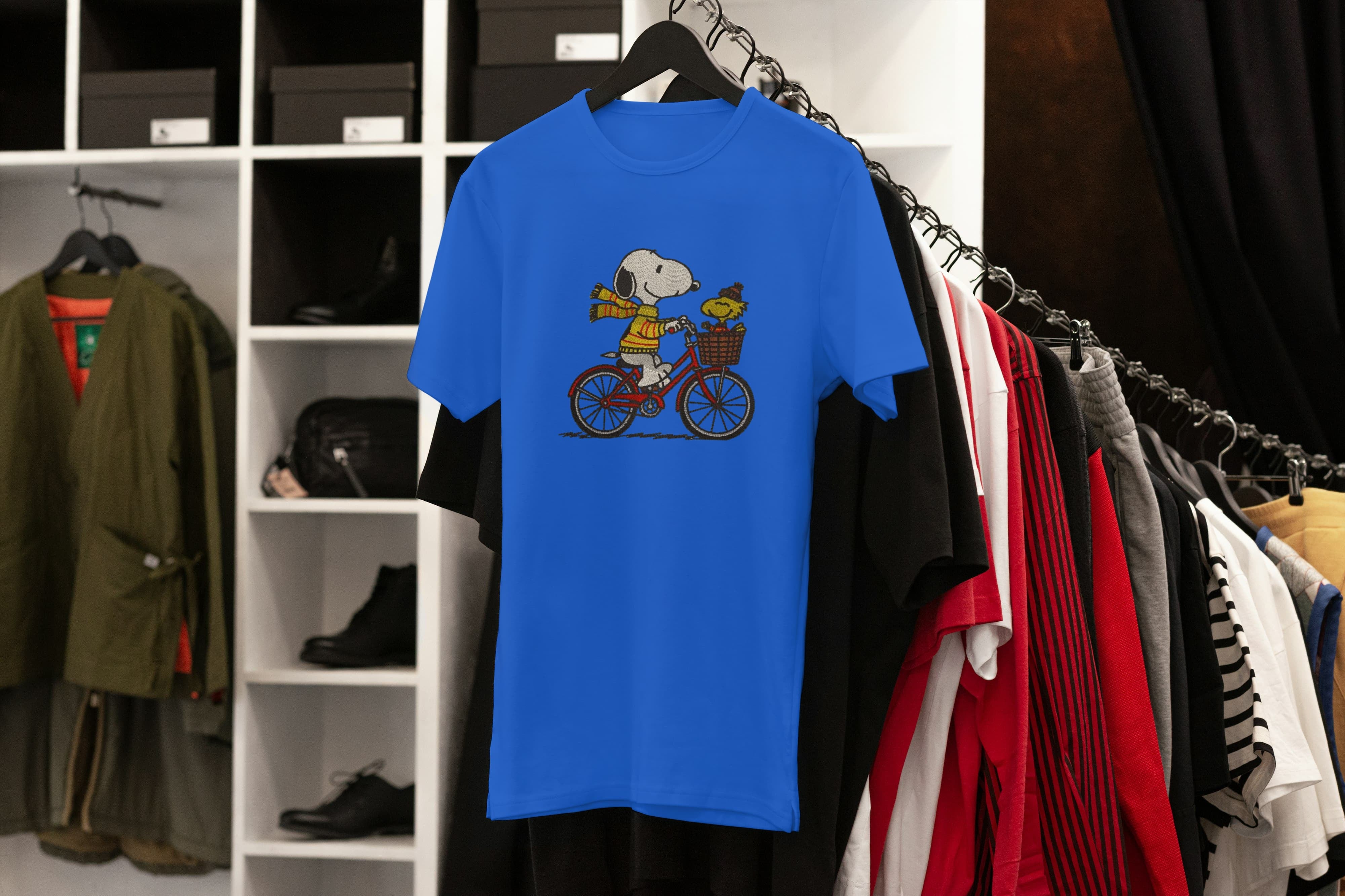 Unisex Embroidered T-Shirt 100% Cotton – Comfortable – Snoopy on Bike Design