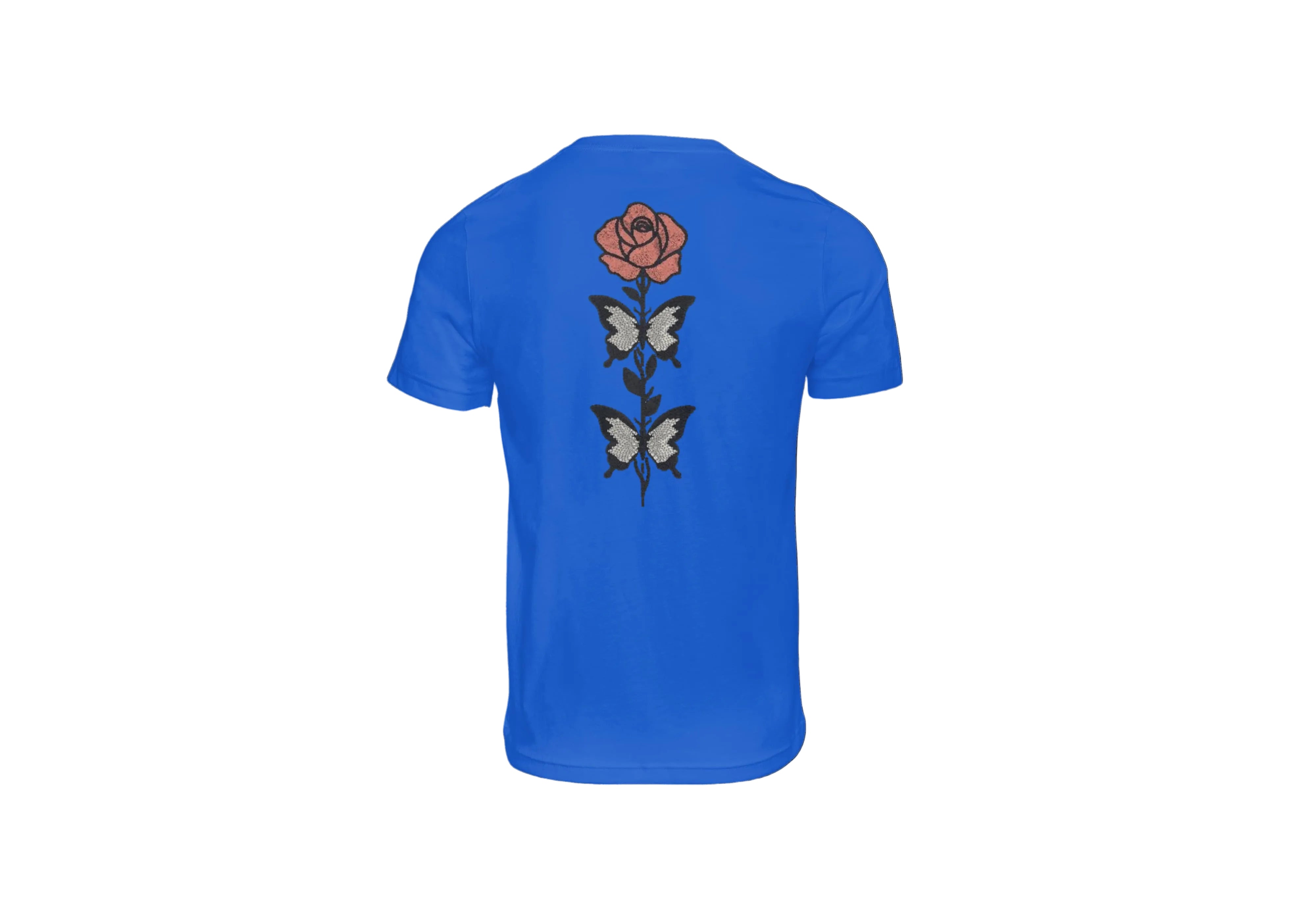 T-Shirt Unisex Ricamata sulla schiena 100% Cotone – Confortevole – Design rosa con foglie a farfalle