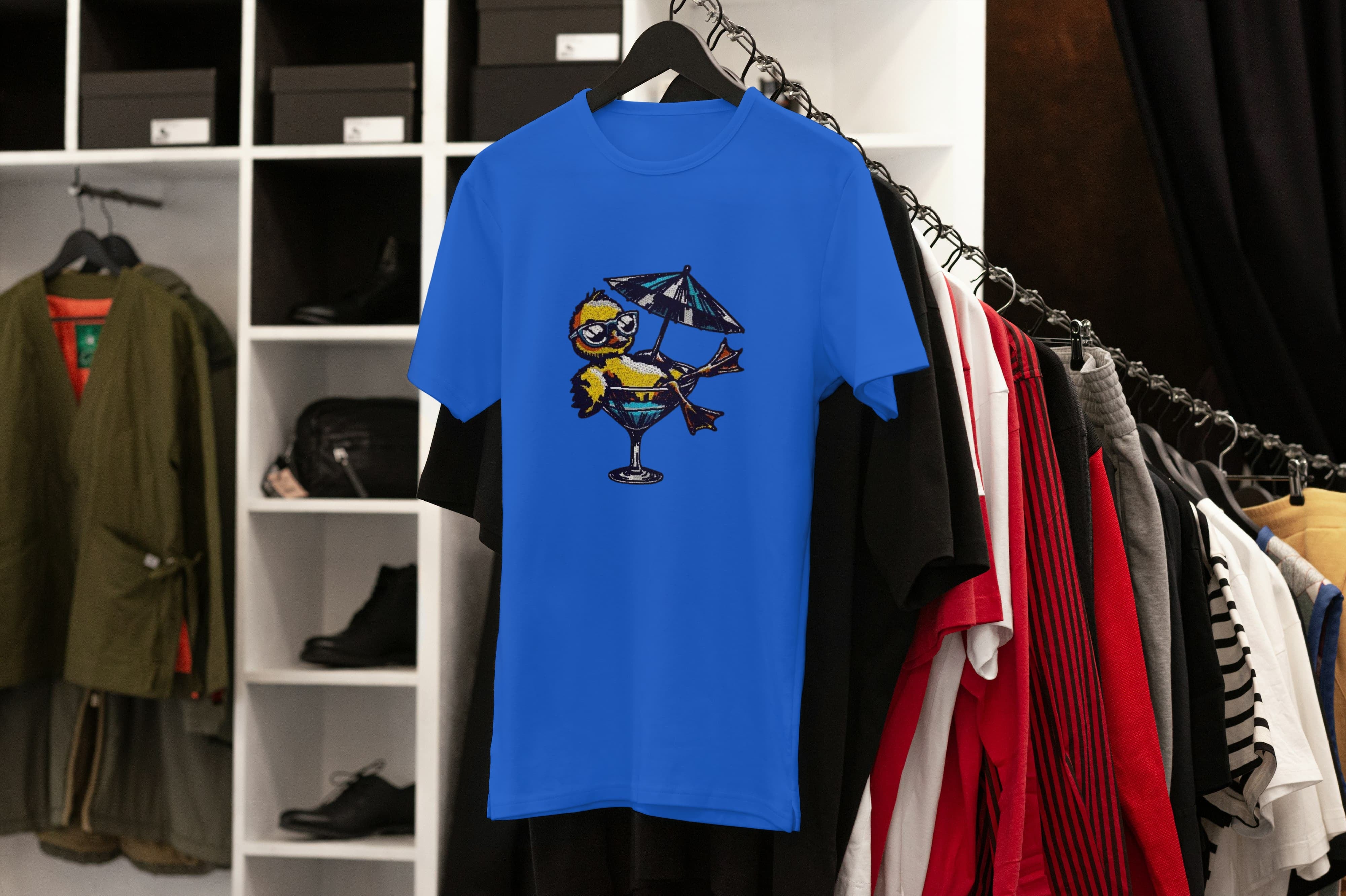 Unisex Embroidered T-Shirt 100% Cotton – Comfortable – Duck in Cocktail Design