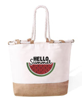 Bolso de Playa de Algodón Resistente 280 g/m² – Asas Largas Reforzadas 50 cm – Diseño Bordado Con la Inscripción Hello Summer + Sandía
