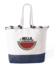 Borsa Mare in Cotone Resistente 280 g/m² – Manici Lunghi Rinforzati 50 cm – Design Ricamato Con Scritta Hello Summer + Cocomero-Biiply