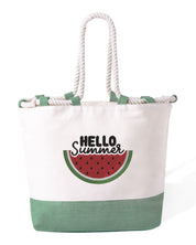 Borsa Mare in Cotone Resistente 280 g/m² – Manici Lunghi Rinforzati 50 cm – Design Ricamato Con Scritta Hello Summer + Cocomero-Biiply