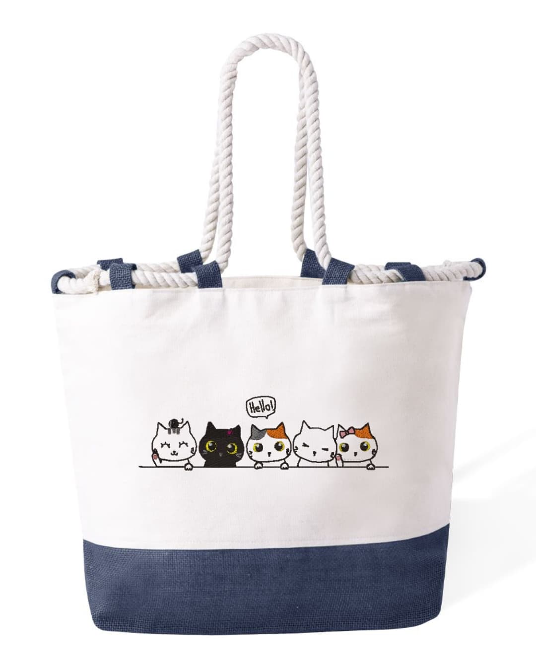 Borsa Mare in Cotone Resistente 280 g/m² – Manici Lunghi Rinforzati 50 cm – Design Ricamato Gatti che salutano-Biiply