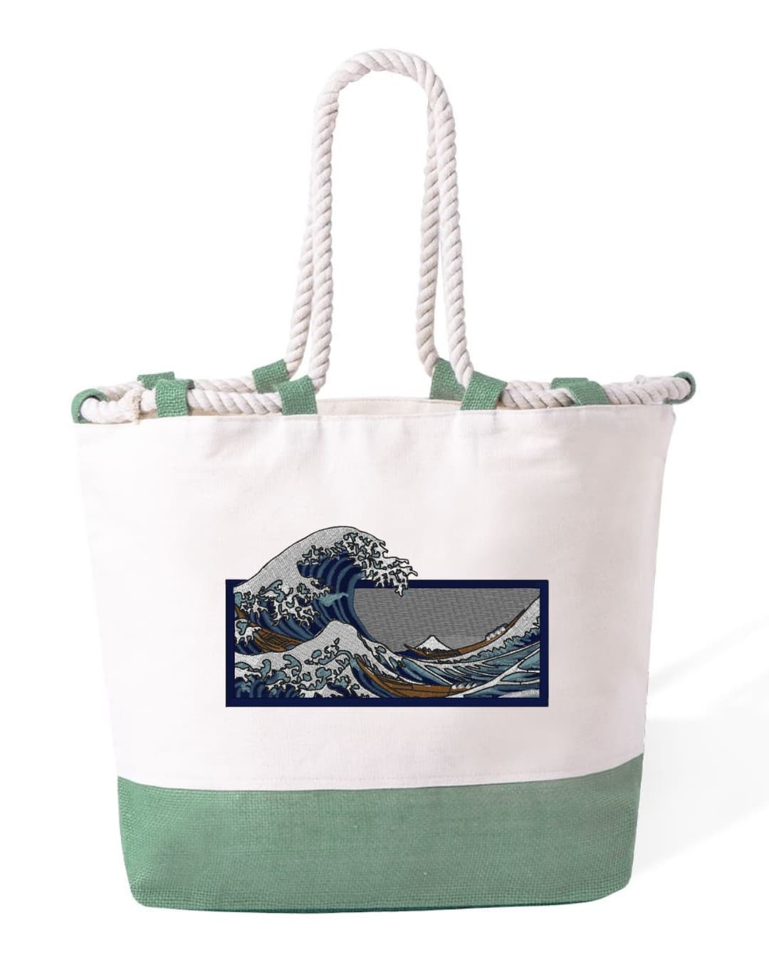 Borsa Mare in Cotone Resistente 280 g/m² – Manici Lunghi Rinforzati 50 cm – Design Ricamato La grande onda di Kanagawa-Biiply