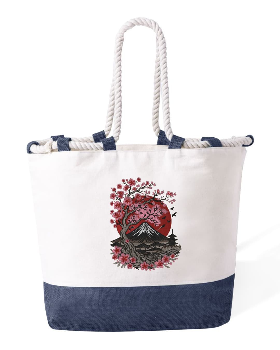 Borsa Mare in Cotone Resistente 280 g/m² – Manici Lunghi Rinforzati 50 cm – Design Ricamato Monte Fuji-Biiply