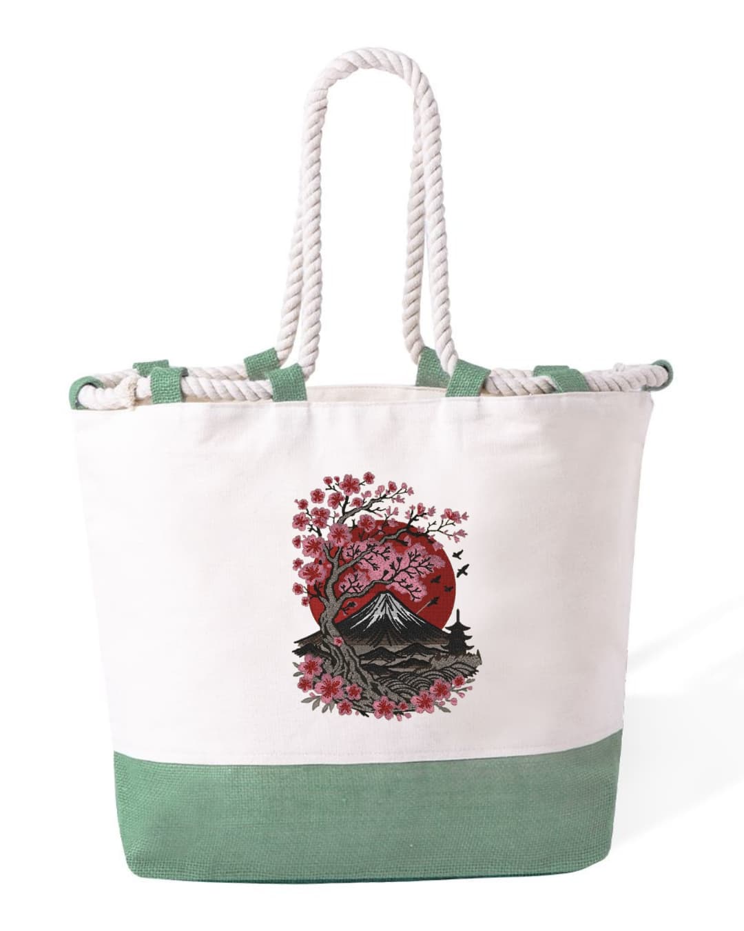 Borsa Mare in Cotone Resistente 280 g/m² – Manici Lunghi Rinforzati 50 cm – Design Ricamato Monte Fuji-Biiply