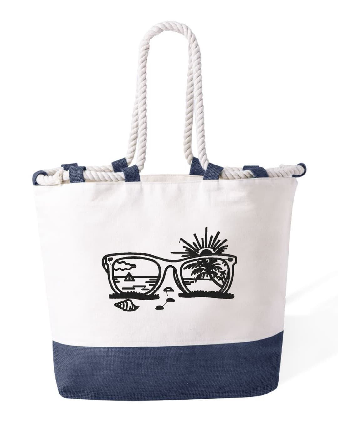 Borsa Mare in Cotone Resistente 280 g/m² – Manici Lunghi Rinforzati 50 cm – Design Ricamato Occhiali e Spiaggia Bianco e Nero-Biiply