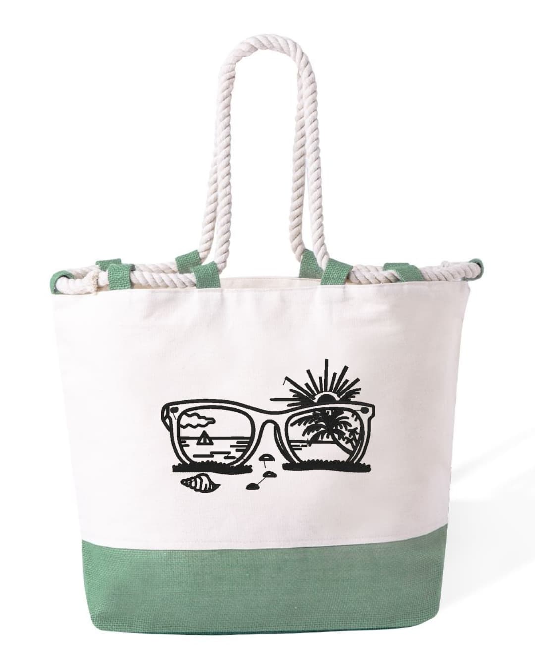 Borsa Mare in Cotone Resistente 280 g/m² – Manici Lunghi Rinforzati 50 cm – Design Ricamato Occhiali e Spiaggia Bianco e Nero-Biiply