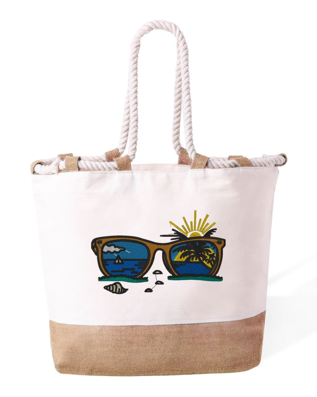 Borsa Mare in Cotone Resistente 280 g/m² – Manici Lunghi Rinforzati 50 cm – Design Ricamato Occhiali e Spiaggia-Biiply