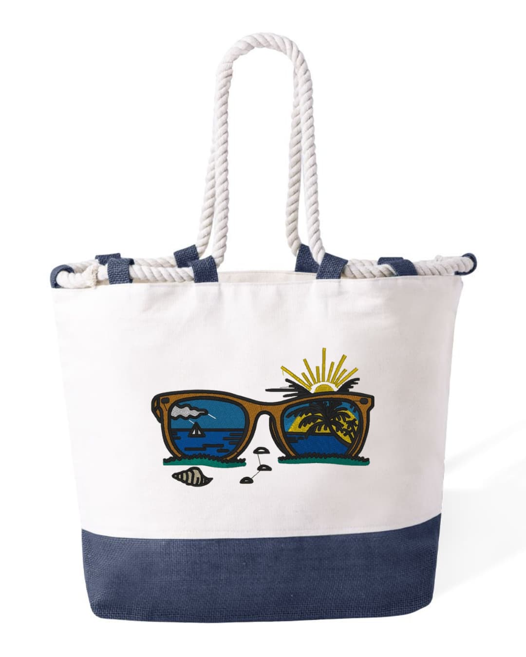 Borsa Mare in Cotone Resistente 280 g/m² – Manici Lunghi Rinforzati 50 cm – Design Ricamato Occhiali e Spiaggia-Biiply