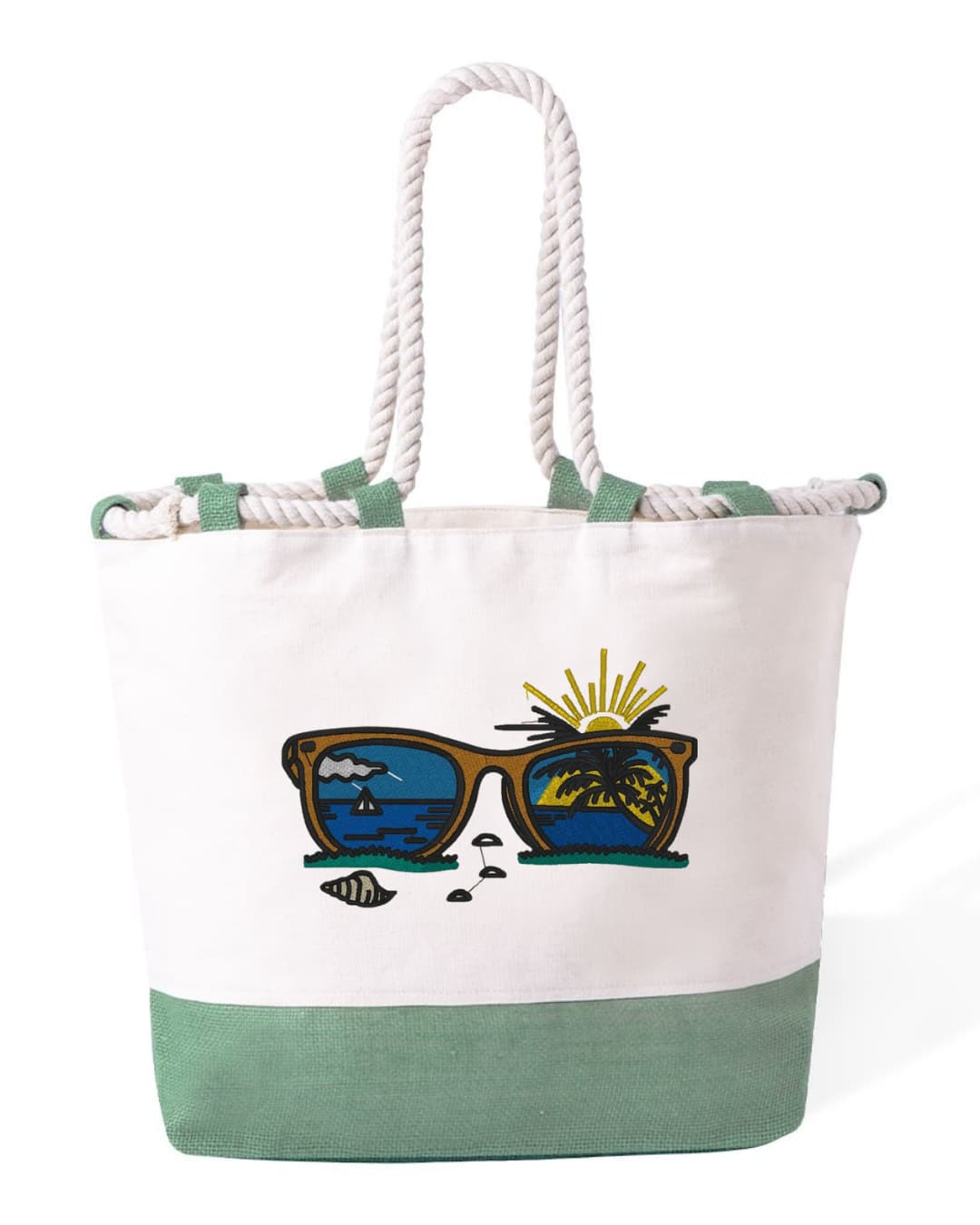 Borsa Mare in Cotone Resistente 280 g/m² – Manici Lunghi Rinforzati 50 cm – Design Ricamato Occhiali e Spiaggia-Biiply