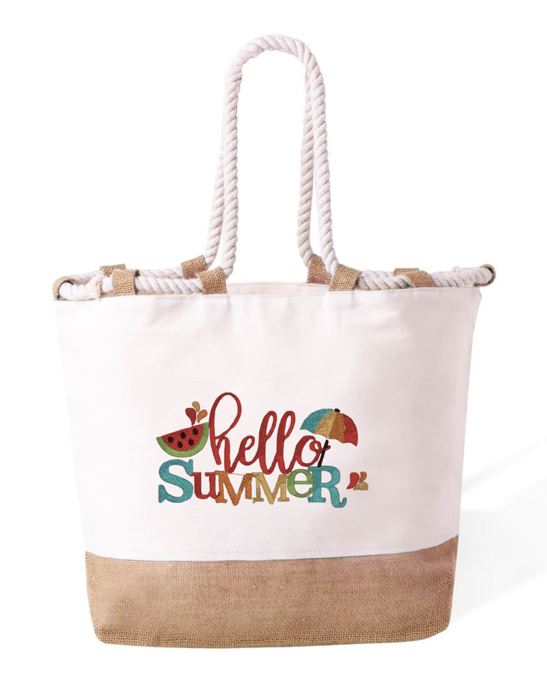 Borsa Mare in Cotone Resistente 280 g/m² – Manici Lunghi Rinforzati 50 cm – Design Ricamato Scritta Hello Summer con ombrellone-Biiply