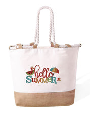 Borsa Mare in Cotone Resistente 280 g/m² – Manici Lunghi Rinforzati 50 cm – Design Ricamato Scritta Hello Summer con ombrellone-Biiply