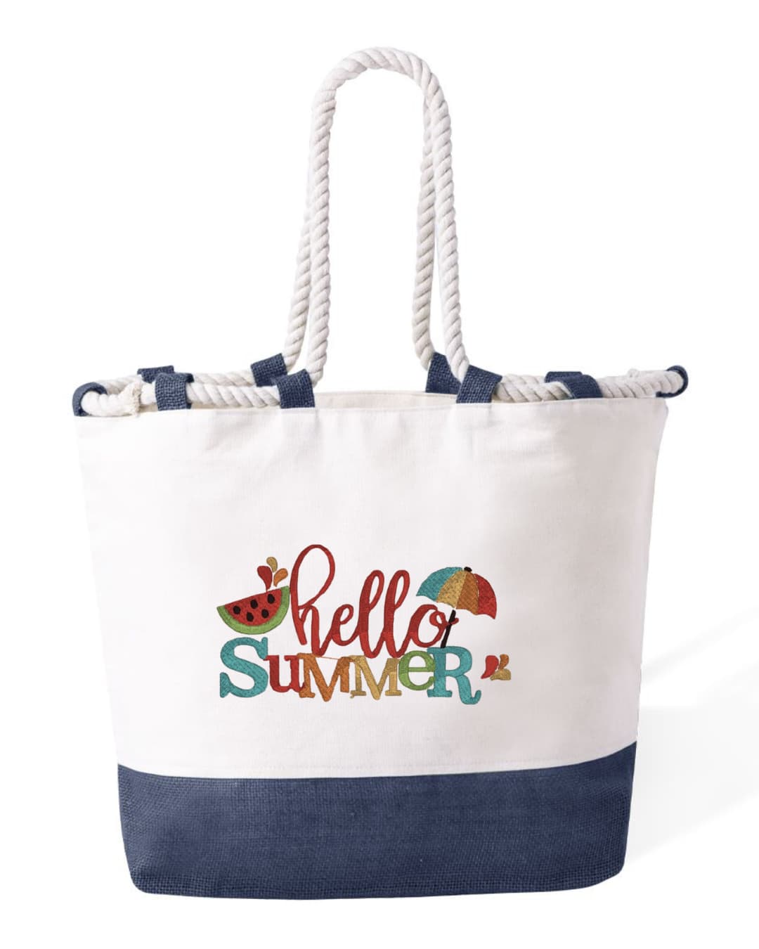 Borsa Mare in Cotone Resistente 280 g/m² – Manici Lunghi Rinforzati 50 cm – Design Ricamato Scritta Hello Summer con ombrellone-Biiply