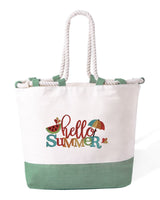 Bolso de playa de algodón resistente de 280 g/m² – Asas largas reforzadas de 50 cm – Diseño bordado con la frase "Hello Summer" y sombrilla